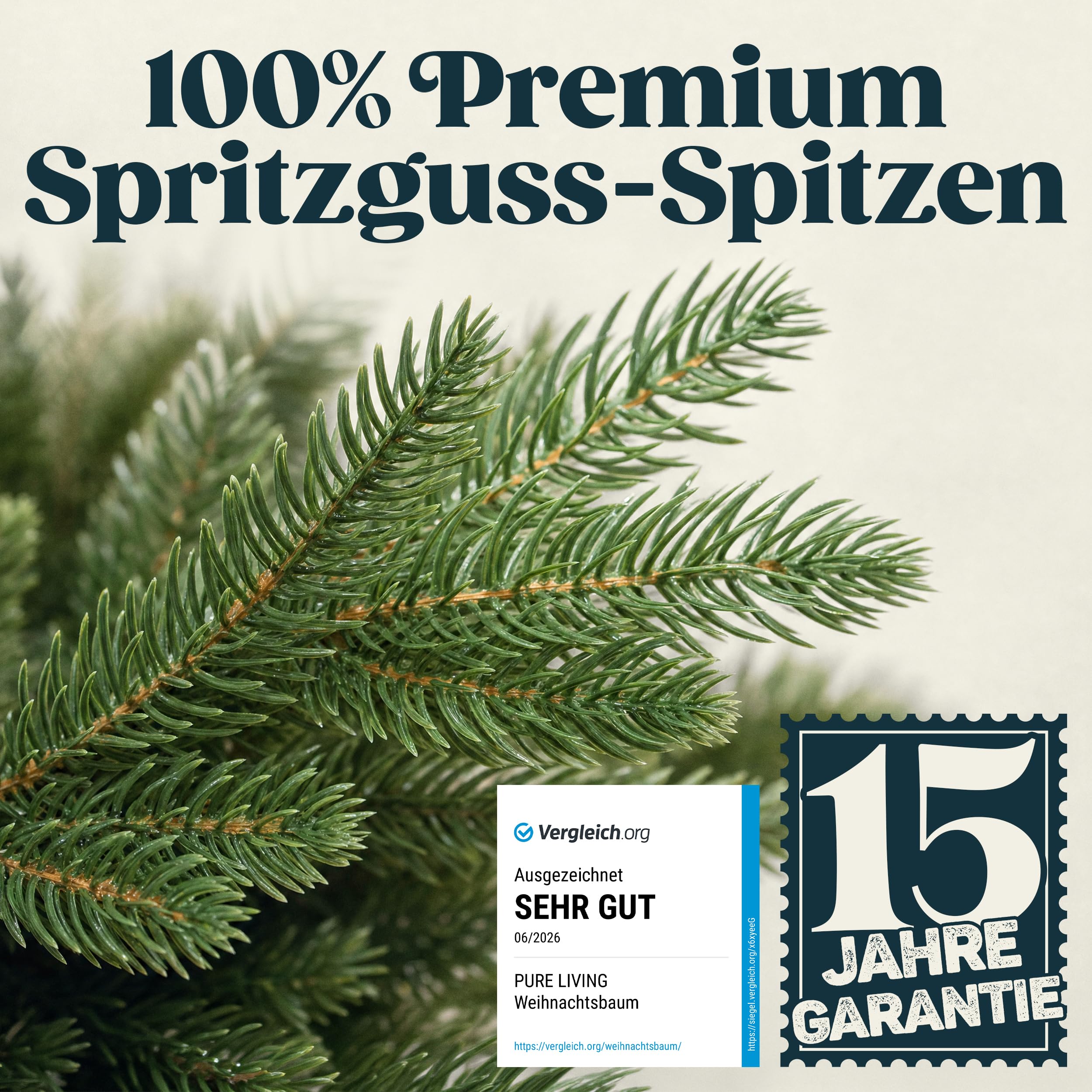 Weihnachtsbaum künstlich 220cm 100% PE Spritzguss – TESTSIEGER – Naturgetreu, dichte Zweige, Künstlicher Weihnachtsbaum mit Holzständer und Aufbewahrungstasche – Tannenbaum künstlich von Pure Living