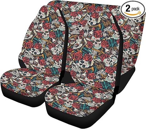 Mexican Sugar Skull Car Seat Covers with Custom Glitter Mats Día de Los Muertos Candy Skull Universal Seat Cover, Cute Car Floor Mat Festival Auto Interior Set (4pcs Front+Back mats)