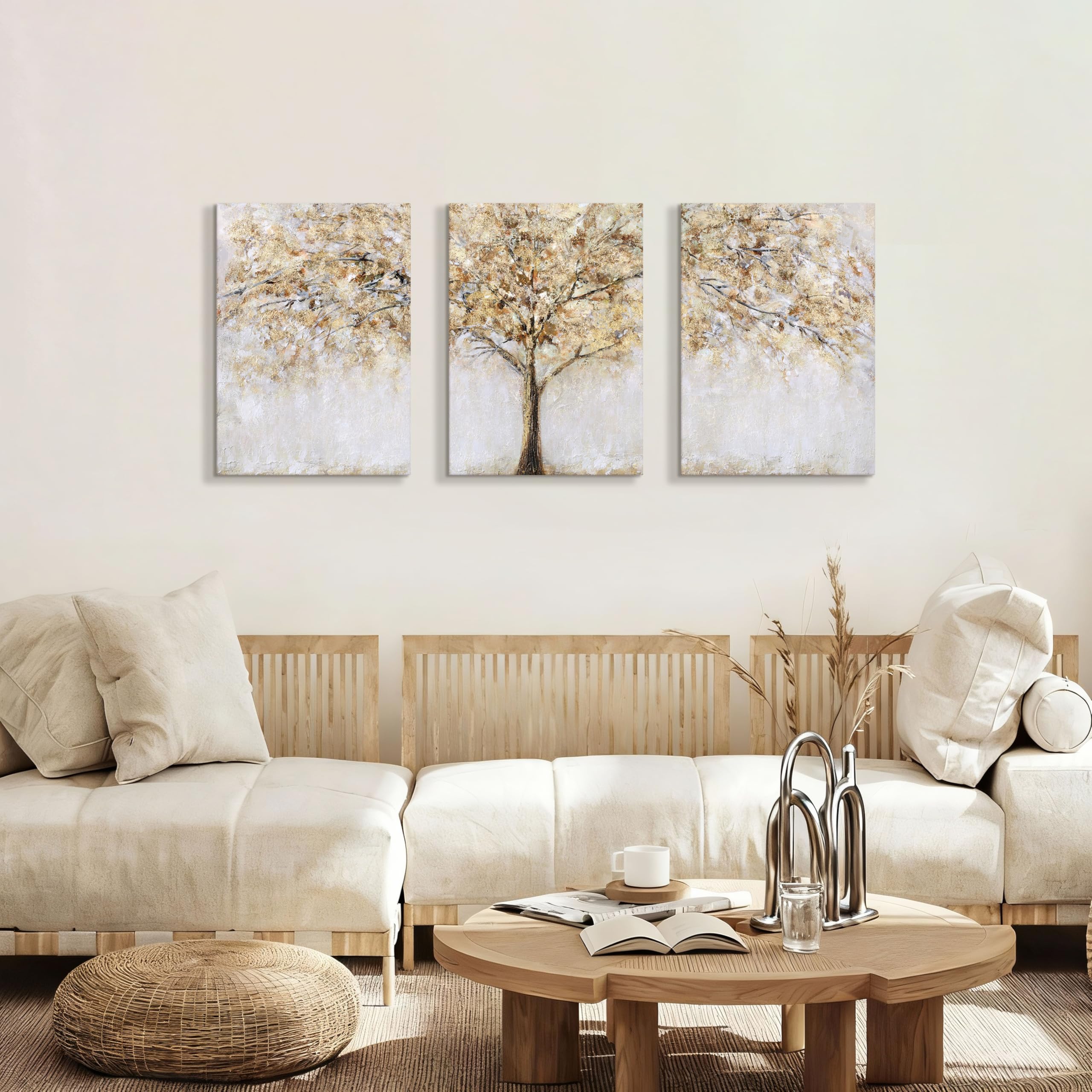 3 Pcs Marco de Madera Cuadro Modernos Lienzo Pintura Poster Autumn Árbol Imagen Foto Abstracto Amarillo Cuadros Decorativos Salon Dormitorio Comedor Pasillo Oficina Decoracion Pared 50cmx70cmx3
