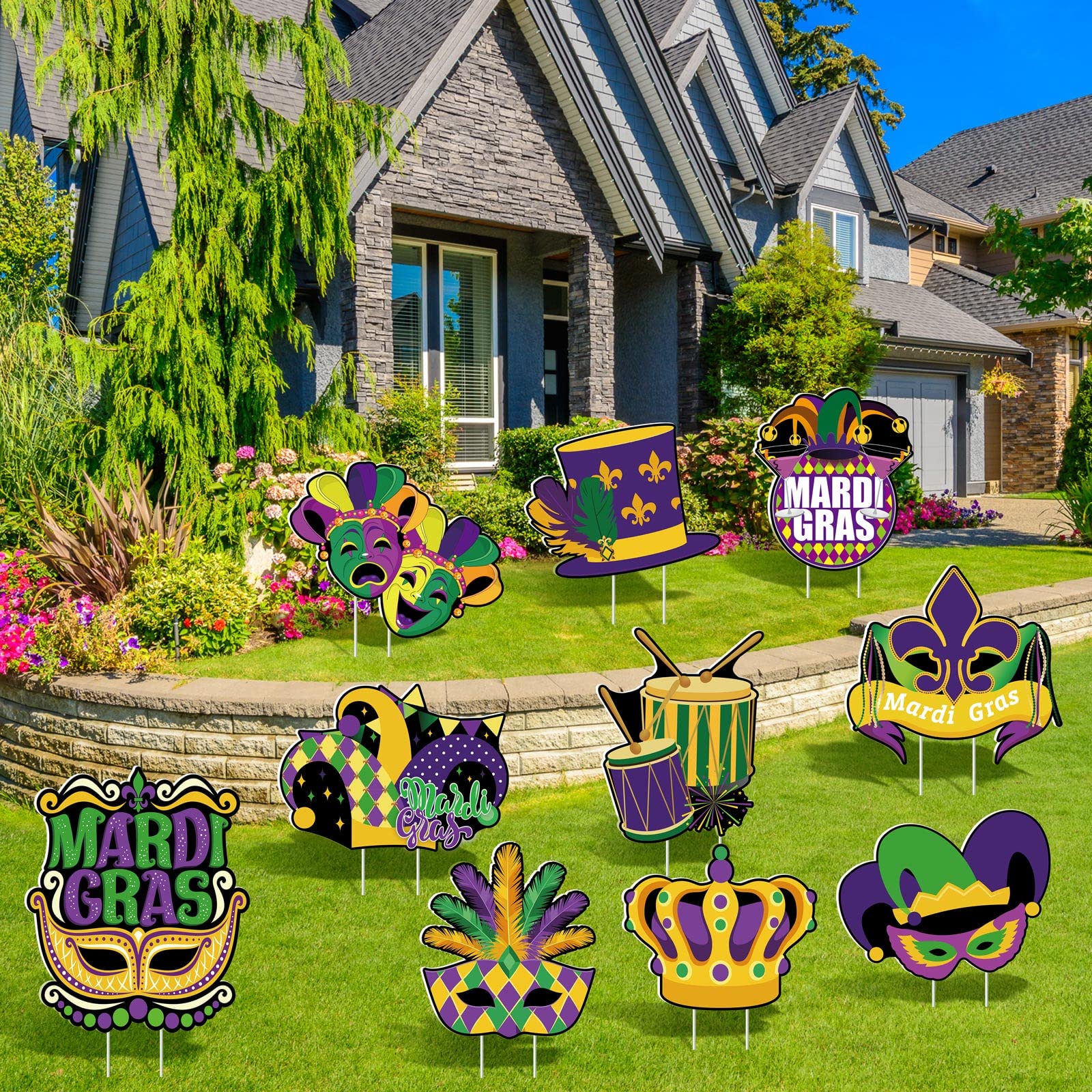 ADXCO 10 Pieces Mardi Gras Yard Lawn Signs Waterproof Happy Mardi Gras