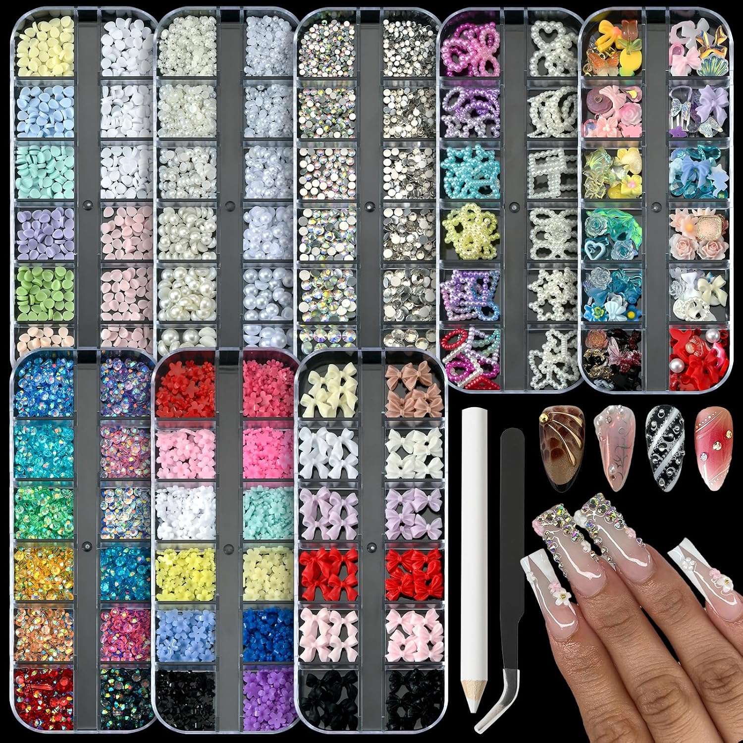 8 Boxes 3D Nail Charms and Gems Bulk Cute Charms for Nails Design kit Bling Crystals Rhinestones Colorful Flower Pearls Star Bows Accessories