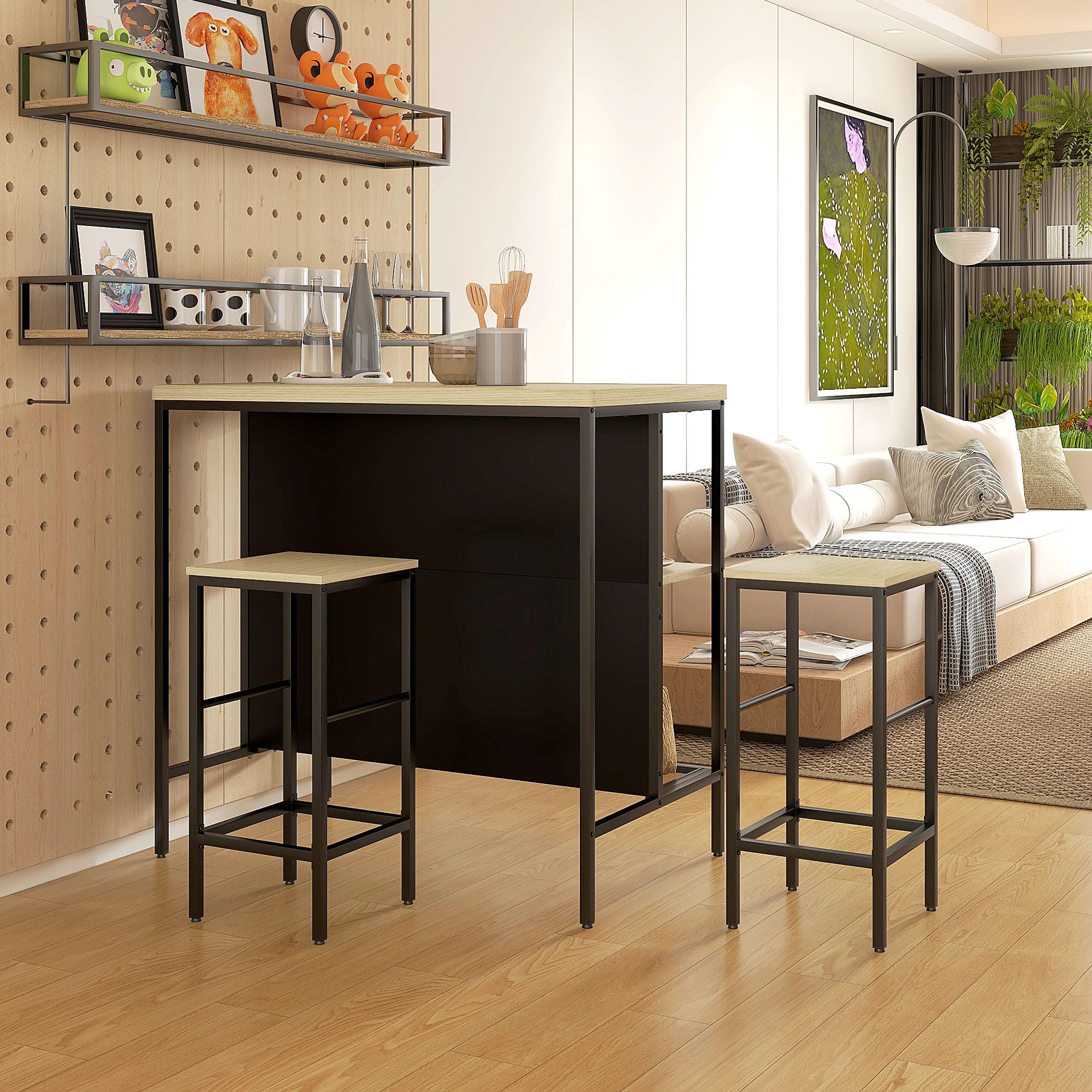 HOMCOM Ensemble Table de Bar et 2 tabourets avec Repose-Pieds, étagère de Rangement, Style Industriel, métal Noir et Aspect Bois
