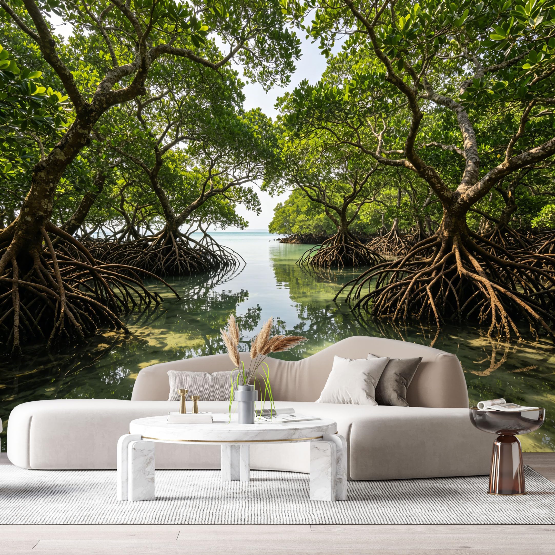 Custom Size Wall Murals Tropical Mangrove Forest Coastal Landscape Water Reflection SelfAdhesive Wall Fabric Removable Large Wallpaper for Photo Living Room