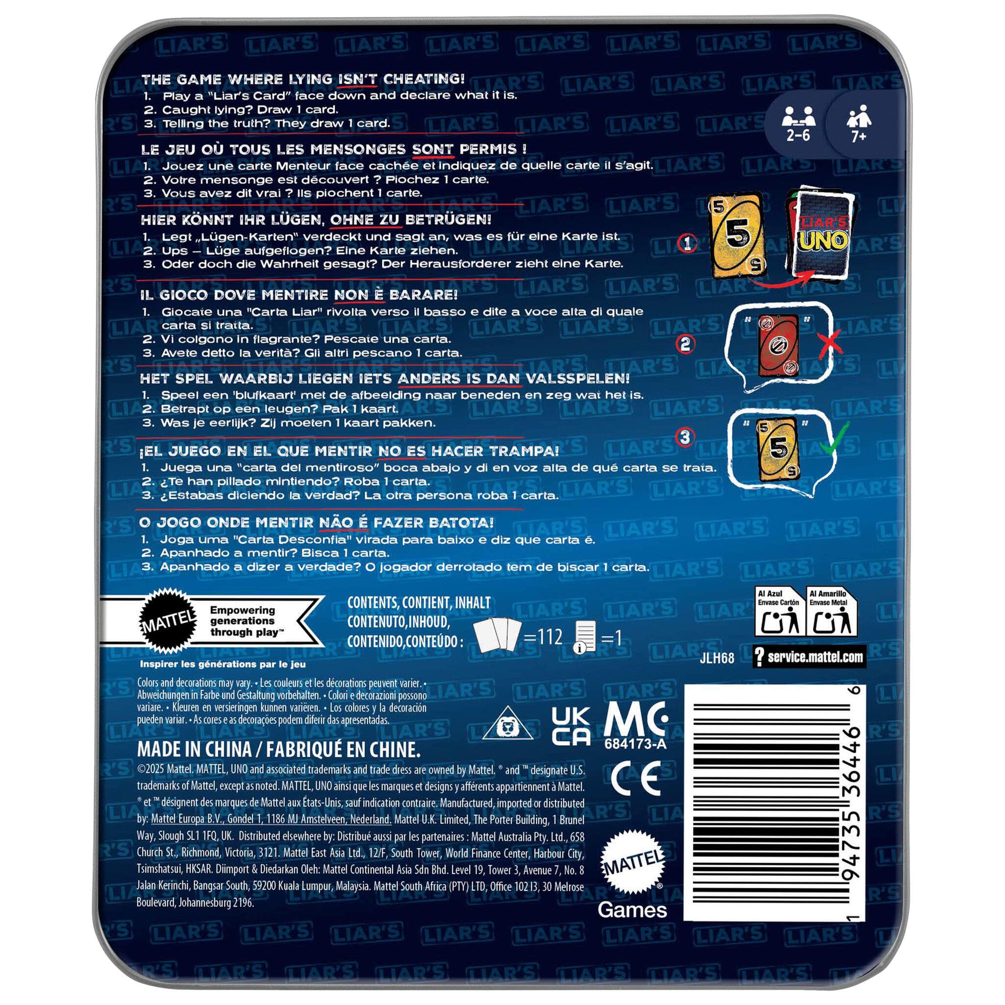 Mattel Games UNO del mentiroso Juego de cartas en lata para almacenamiento y transporte, para niños, adultos, noches en familia y fiestas, supera a los demás jugadores con mentiras y trucos, JLH68