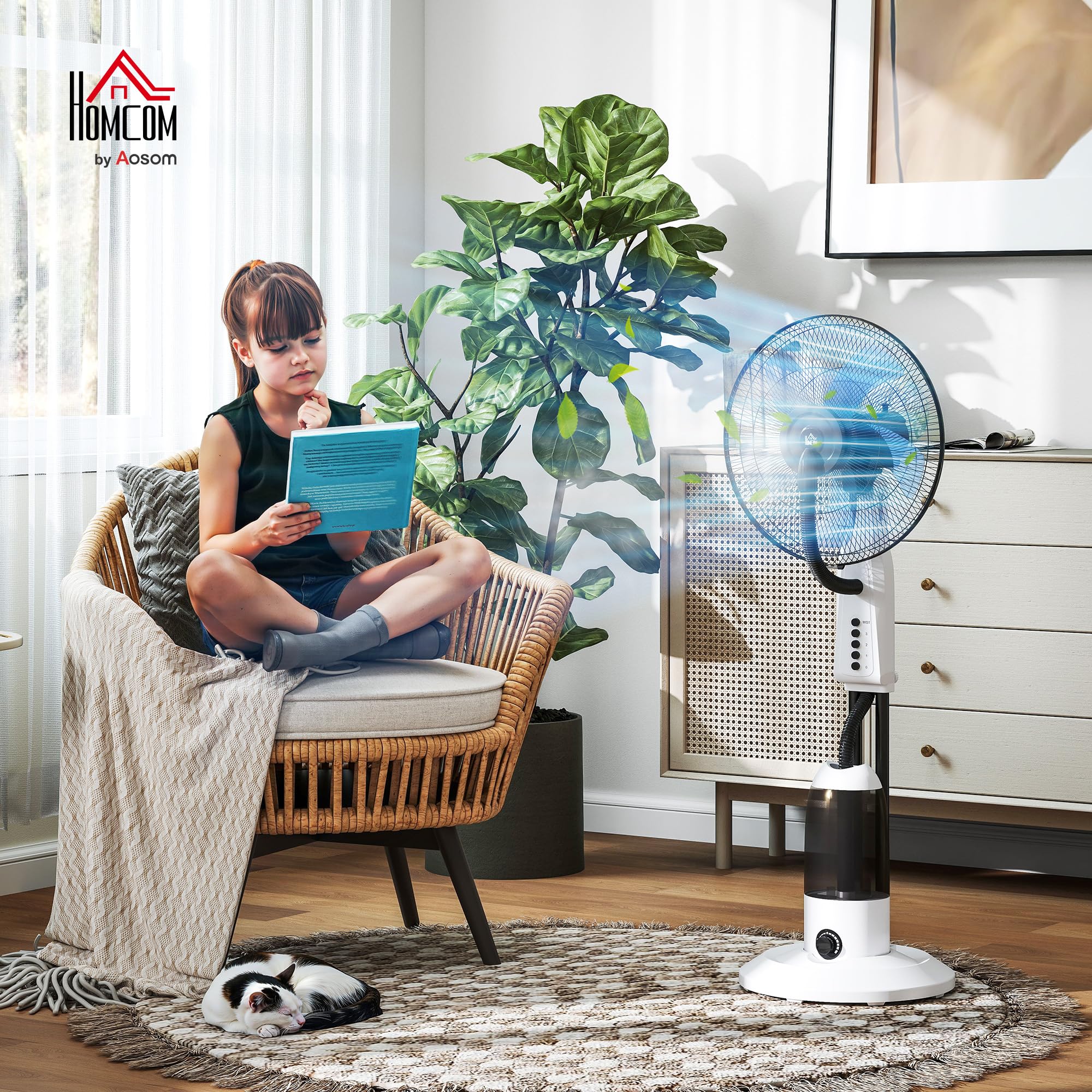 HOMCOM Ventilador Silencioso con Nebulización 90W, Ventilador de Pie de 120cm con 3 Velocidades, Oscilación de 70°, Cabezal Ajustable, Depósito de Agua de 2,8L, Blanco