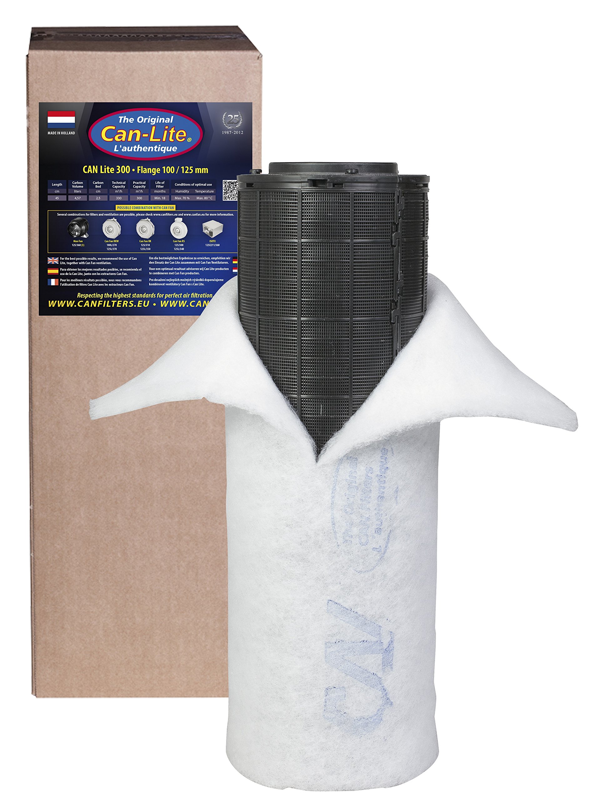 CAN Filtro de Carbón Activo Lite Plastico de Boca 125x450mm (300-330m3/H) Absorbe olores, extraccion Cultivo, Salas de Fumador, etc