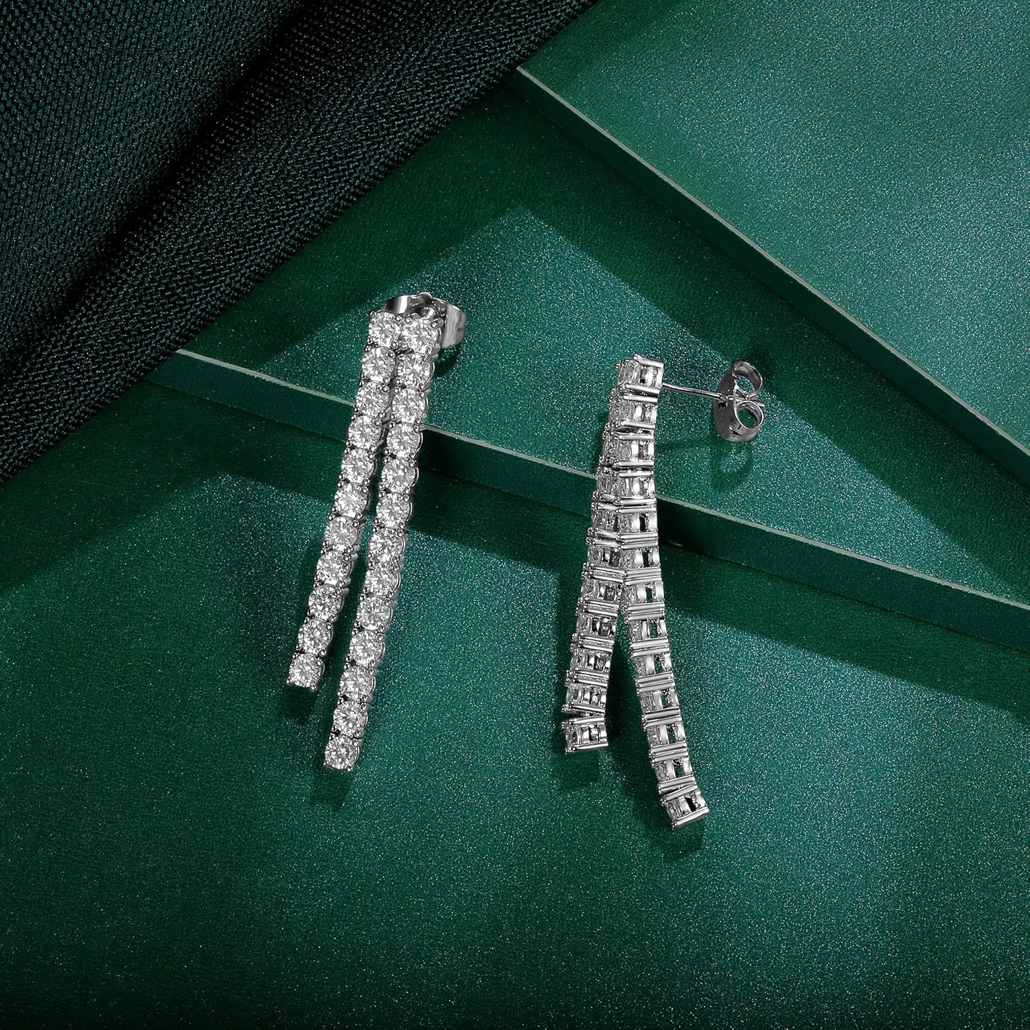 14K White Gold Drop Dangle Earrings, Double Row Linear 3mm Round Cubic Zirconias Tennis Drop Design, 1.7 inch Length - Image 3