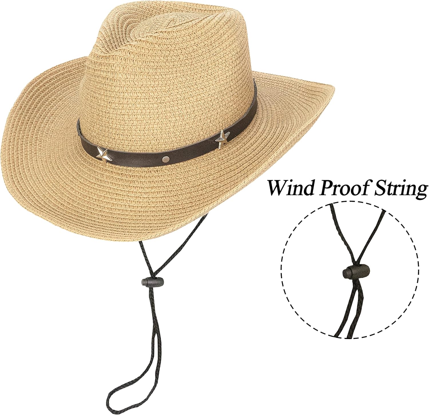 Womens Men Western Straw Cowboy Hat with Wind Lanyard Summer Hat Sun Hat Cowboy Style UPF 50+ Beach Hat - Image 6