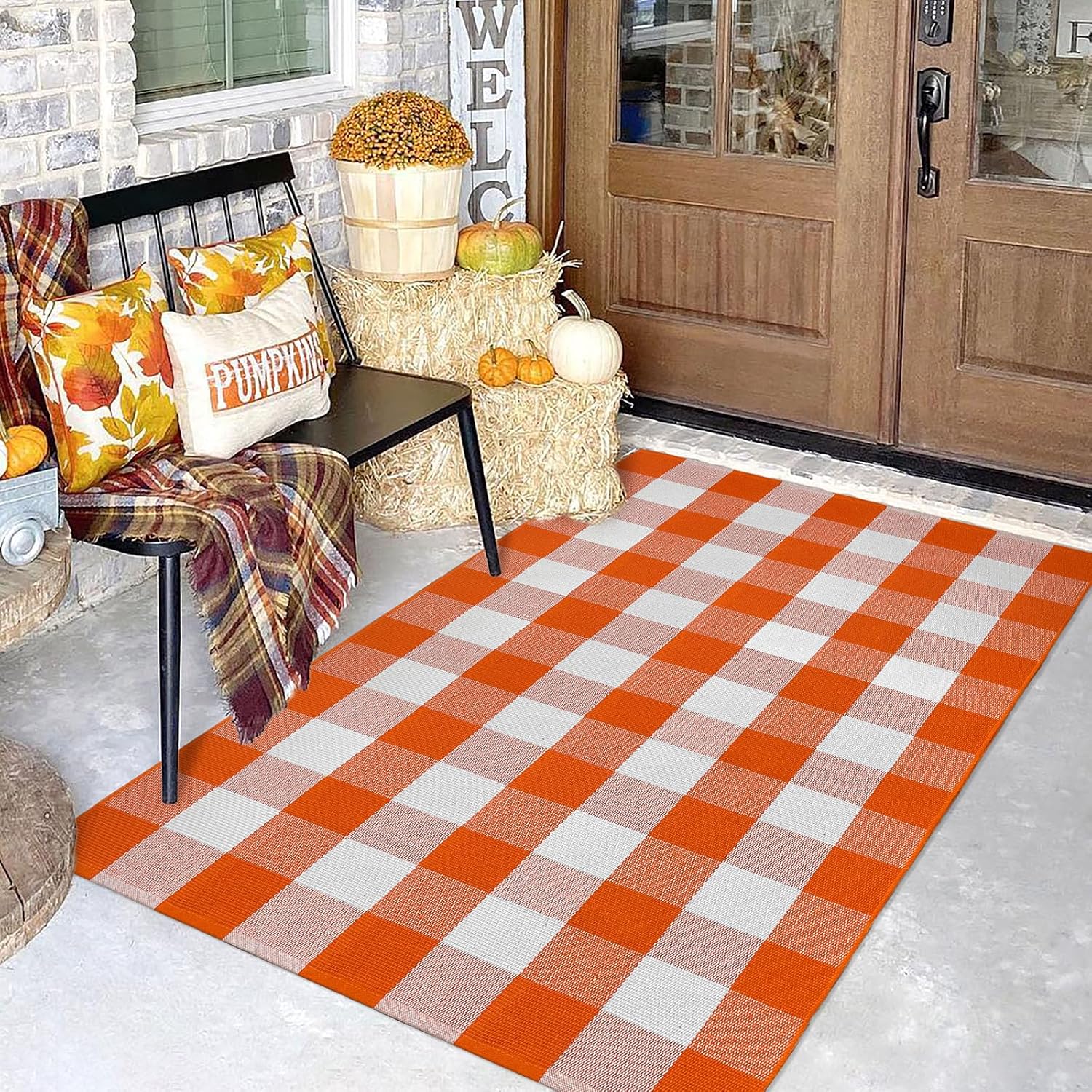 EARTHALL 3x5 Buffalo Plaid Outdoor Rug - Orange and White Checkered Washable Cotton Rug for Layered Door Mats and Patio Decor