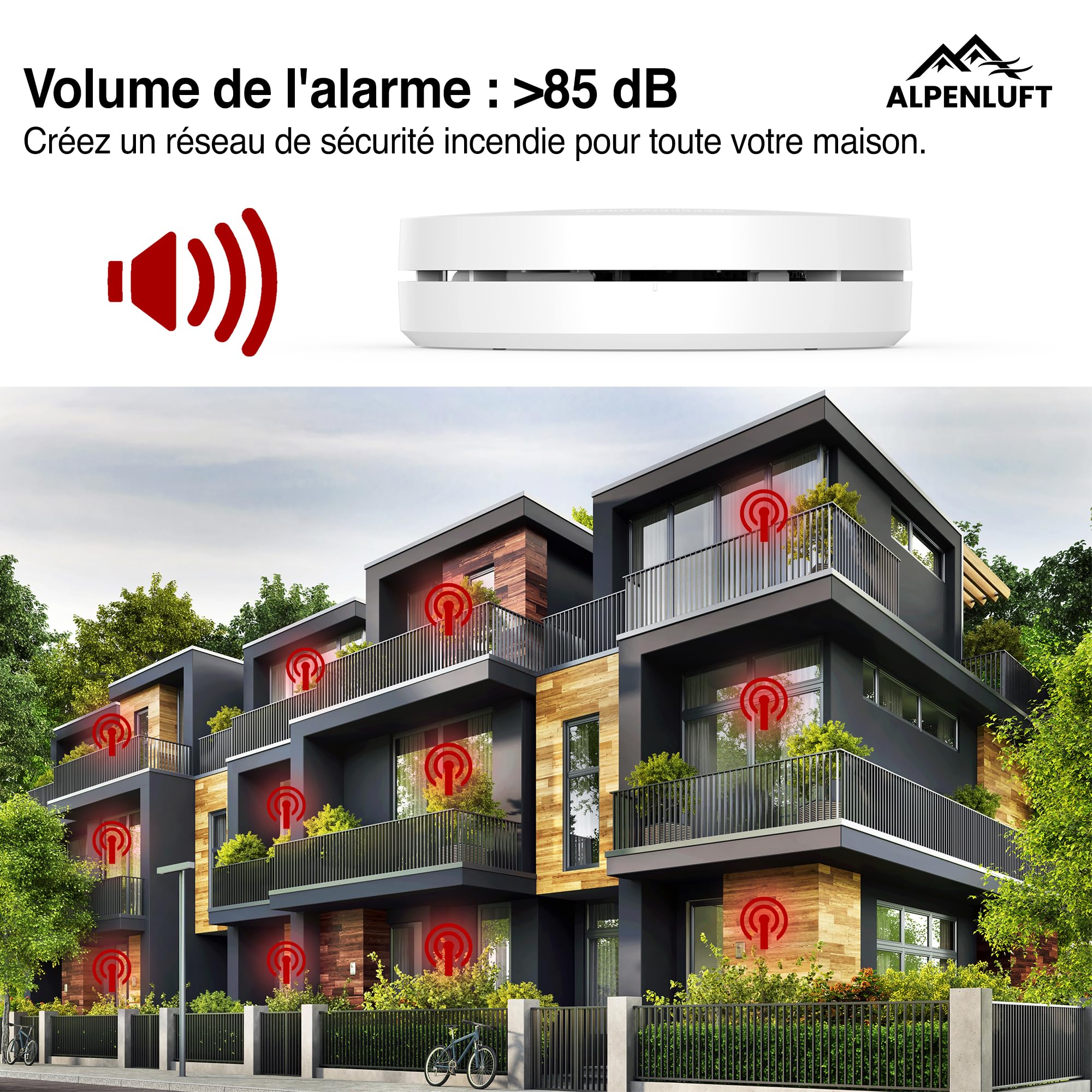 ALPENLUFT Detecteur de fumée 10 Ans Pile, Plat, Detecteur d'incendie, Pas de LED Clignotante, sans perçage, kit Alarme Maison sans Fil- Fumee Protection Incendie, Alarme Incendie (Set de 1)