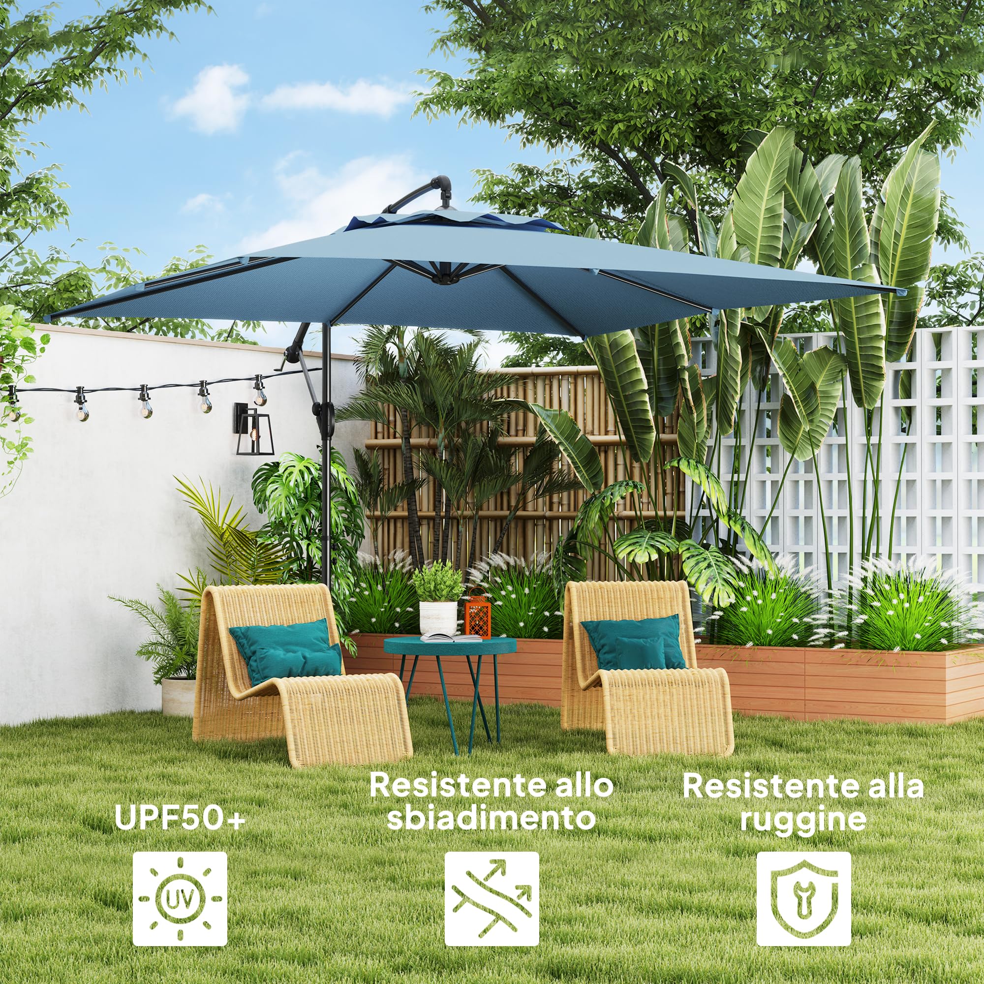 Outsunny Ombrellone Decentrato 3x3.25m con Tettuccio Regolabile a 360°, Base a Croce, Prese d'Aria e Manovella, Ombrellone da Giardino Inclinabile in Metallo, per Cortile, Terrazza, UV50+