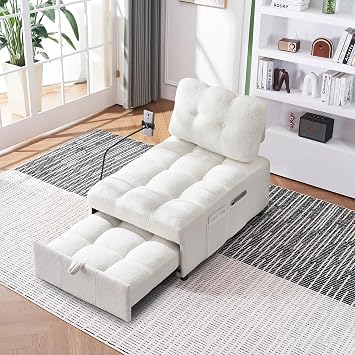 Folding Sofa Bed Convertible Sleeper Chair with Pillow, Pull Out Single Cloud Sofa Accent Armchair with Phone Stand, Foldable Futon Couch Sofa Cama Couch Guest Bed Teddy Fleece for Living Room