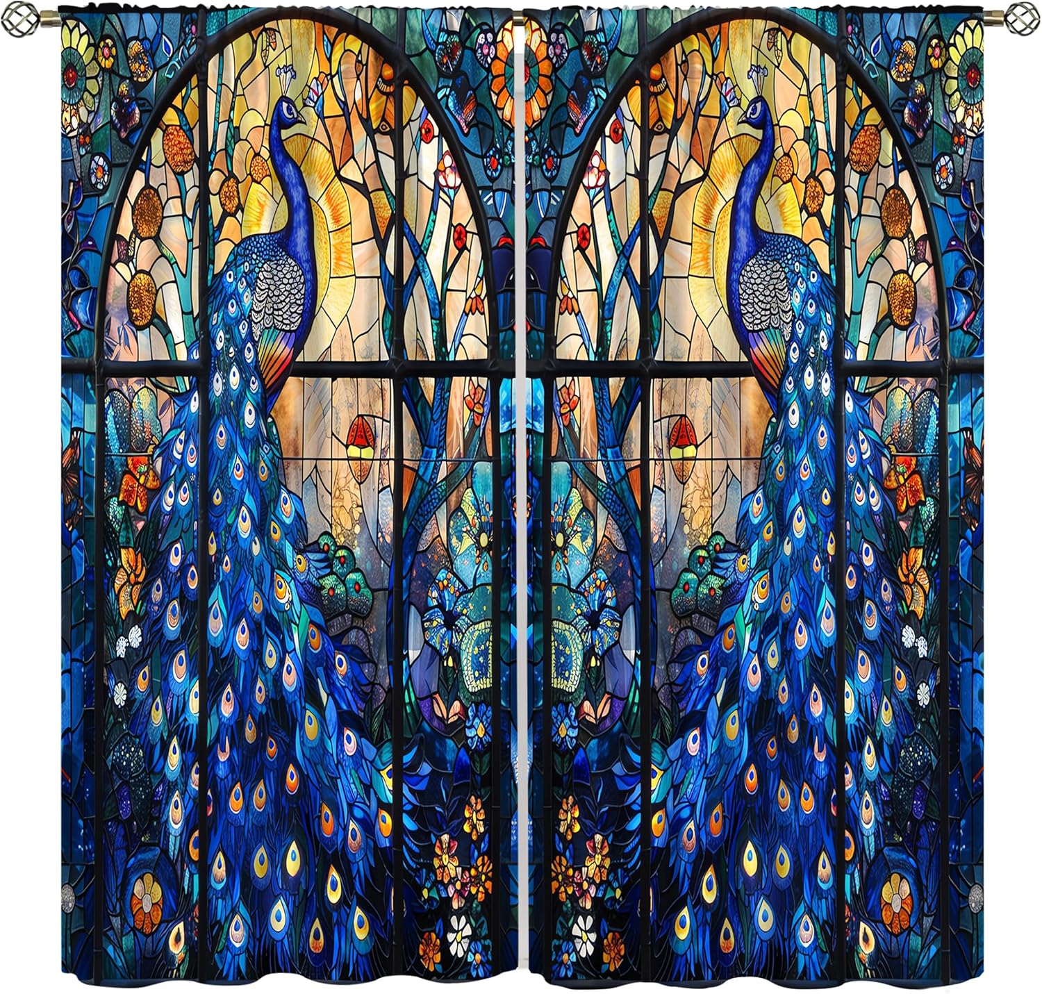 Stained Glass Curtains, Vintage Mid Century Church Old Glass Window Print Drapes for Kitchen Dinning Room Bedroom Living Room Office Window Treatment, 63x63 Inch