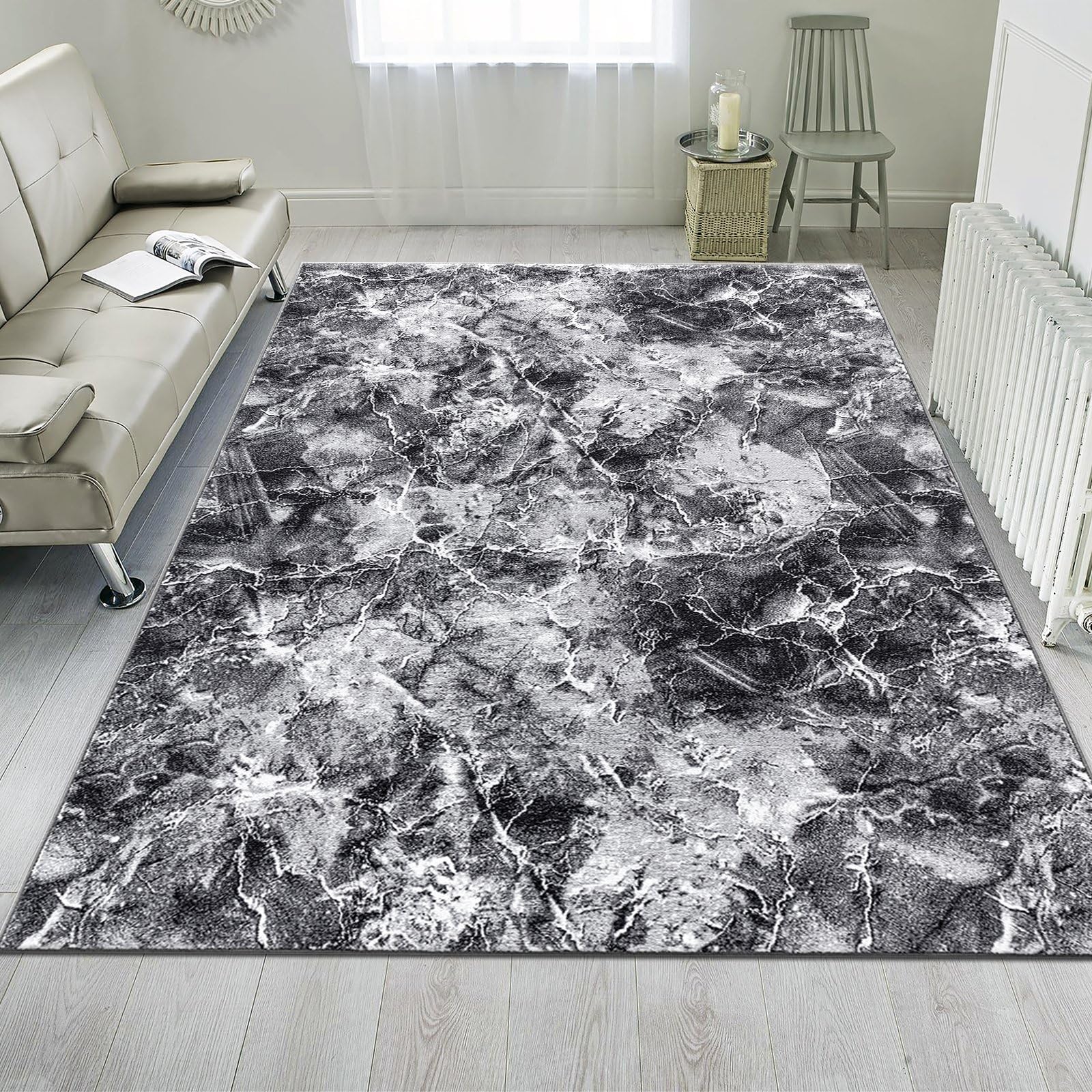 renoazul® Non Slip Large Rugs For Living Room - Marble Grey Rug - 200 x 290 cm - Washable Bedroom Carpet For Living Room, Lounge and Sitting Room Rug