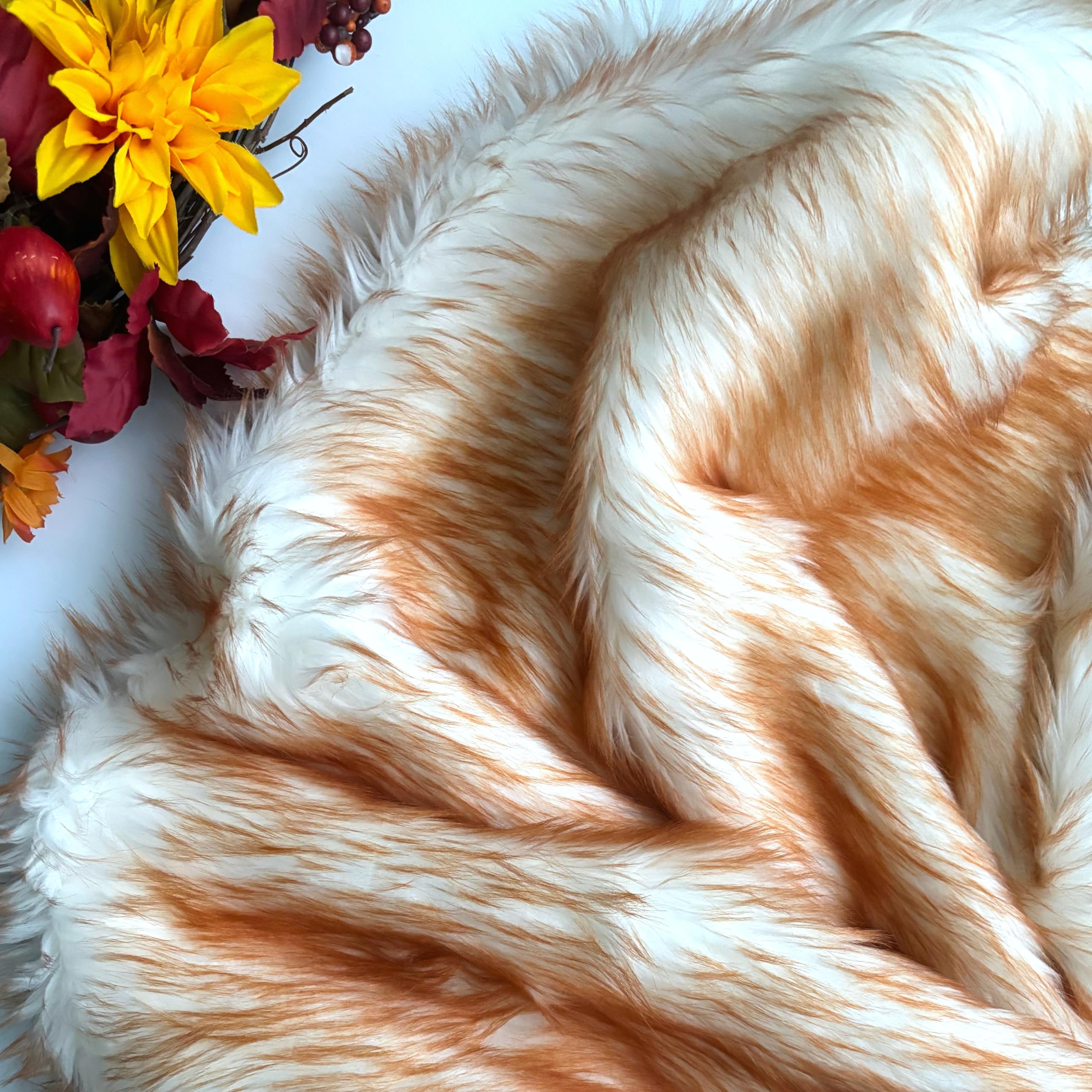 Bianna Candy Amber Orange White Faux Fur Fabric, 60 inches Wide Options and Small Sizes, American Seller, Luxury Shag Shaggy Material for Crafting, Sewing, Costumes (5x60 inches)