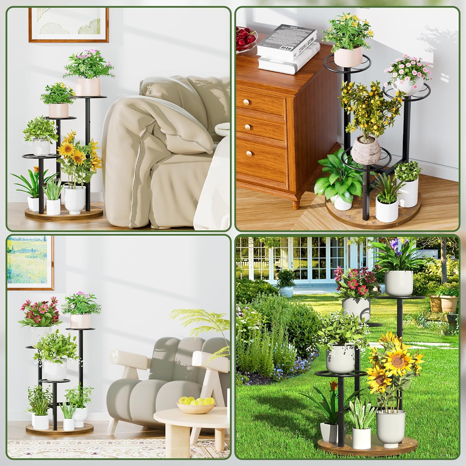 3 Tier Plant Stand Indoor Outdoor,Tiered Plant Stands,Wood Plant Shelf for Multiple Plants, Wrought Iron Flower Stand, Tall Plant Rack Shelf for House Patio Garden - BlackKite
