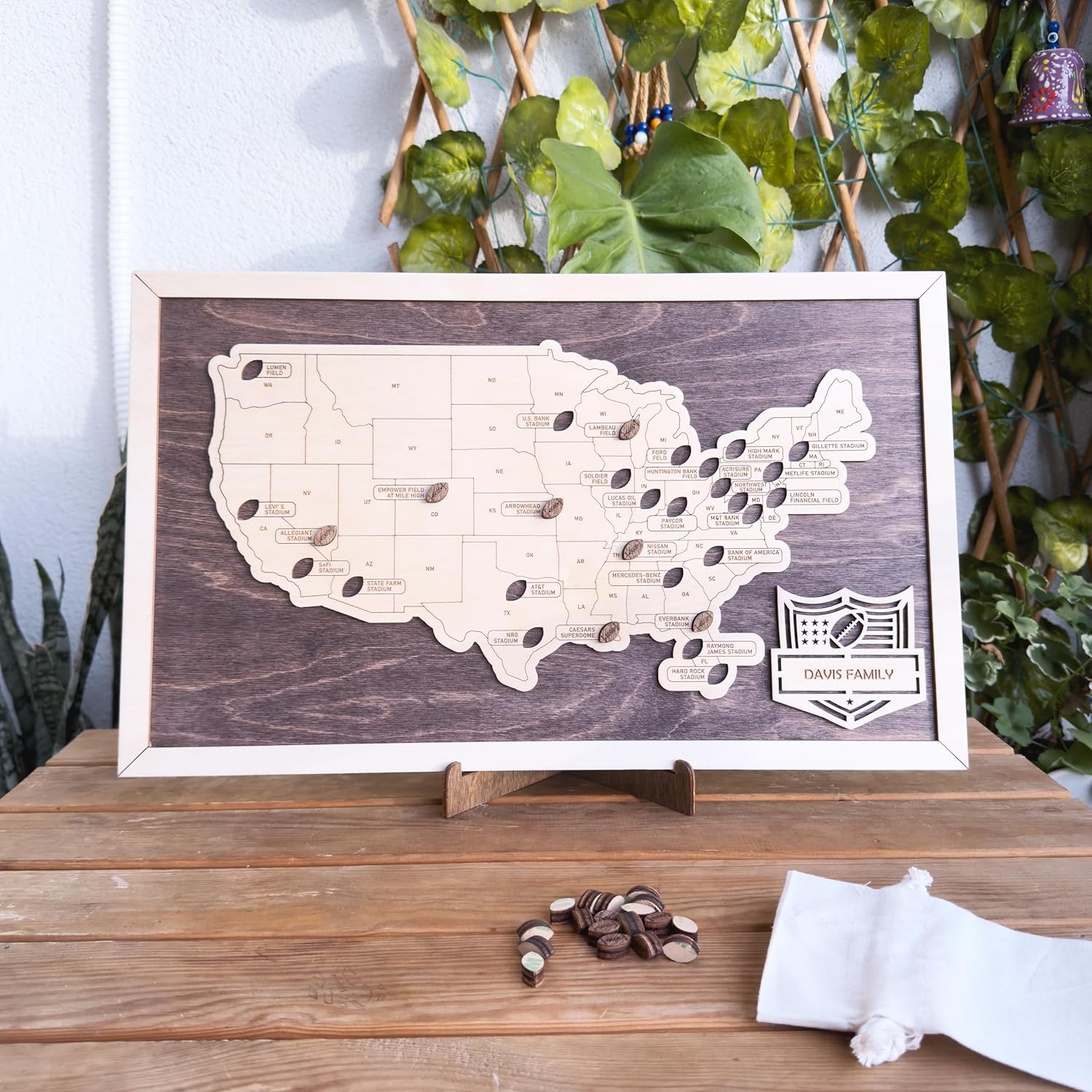 Personalized Wooden American Football Stadium Tracker Map - Football Stadium Bucket List - Custom Travel Map - Handcrafted Wall Art - Unique Gift for Football Fans (Without Silhouette)