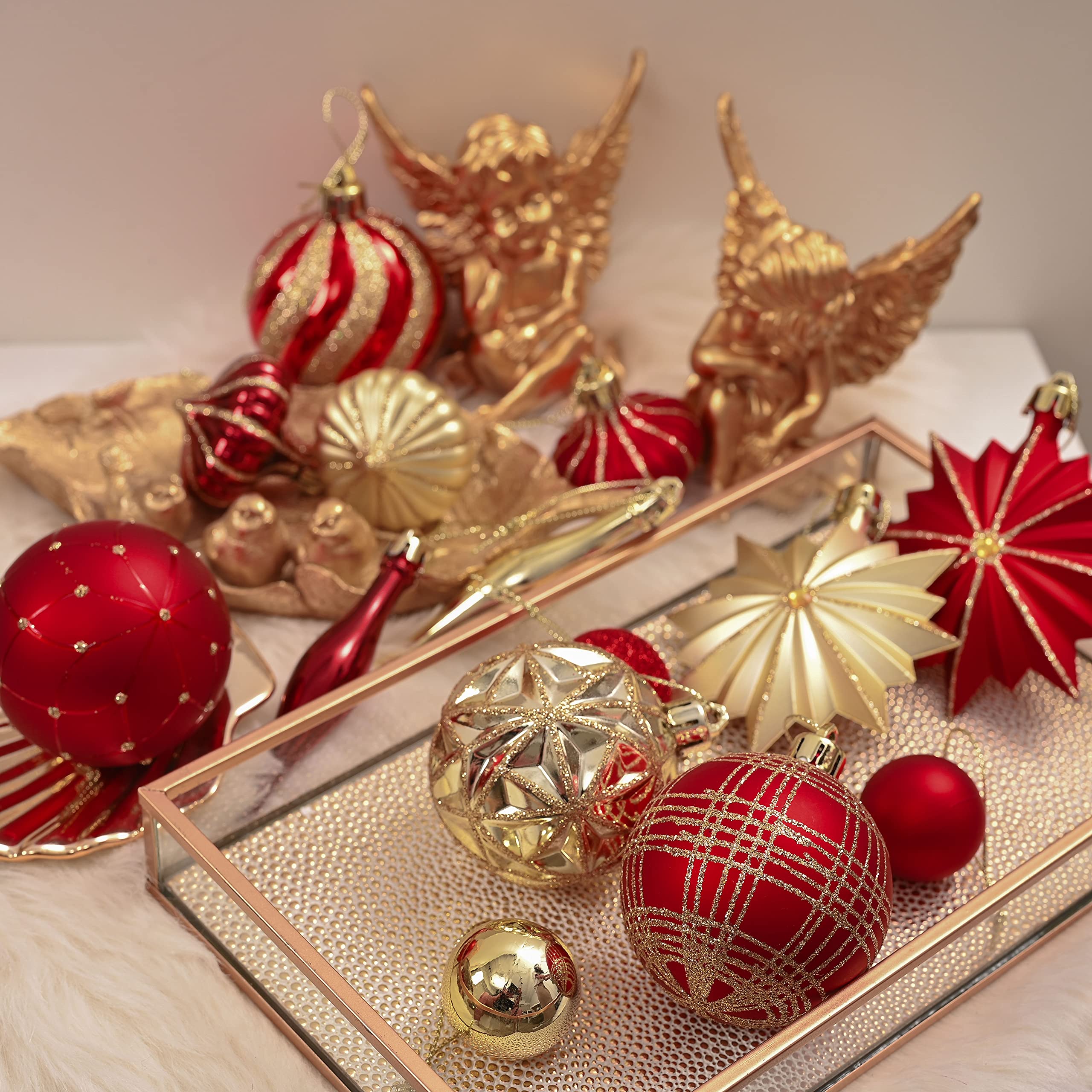 Valery Madelyn Weihnachtskugeln 70 Stück Kunststoff Christbaumkugeln,Christbaumschmuck hängend Glänzend Glitzernd Matt Weihnachtsbaumschmuck Dekoration Thema Rot Gold(L)