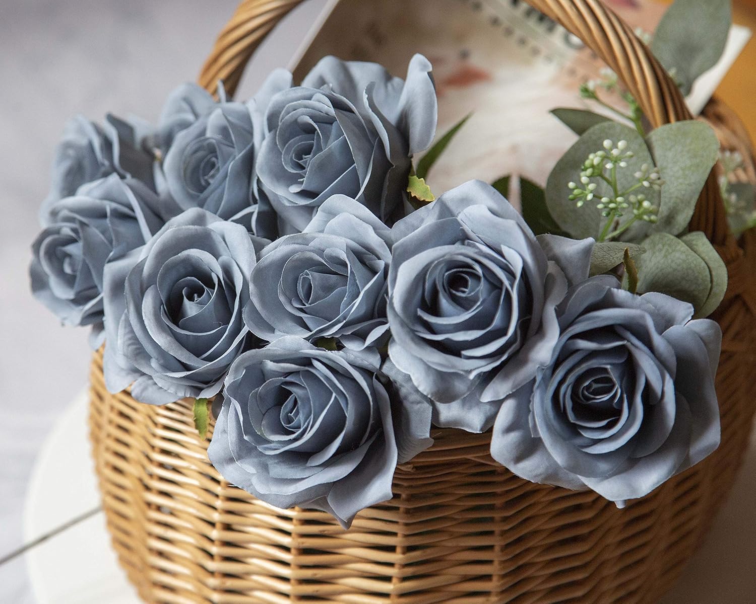 DuHouse 10pcs Fake Roses Artificial Silk Flowers Faux Dusty Blue Rose Flower Long Stems Bouquet for Arrangement Wedding Centerpiece Party Home Kitchen Decor (Dusty Blue) - Image 3