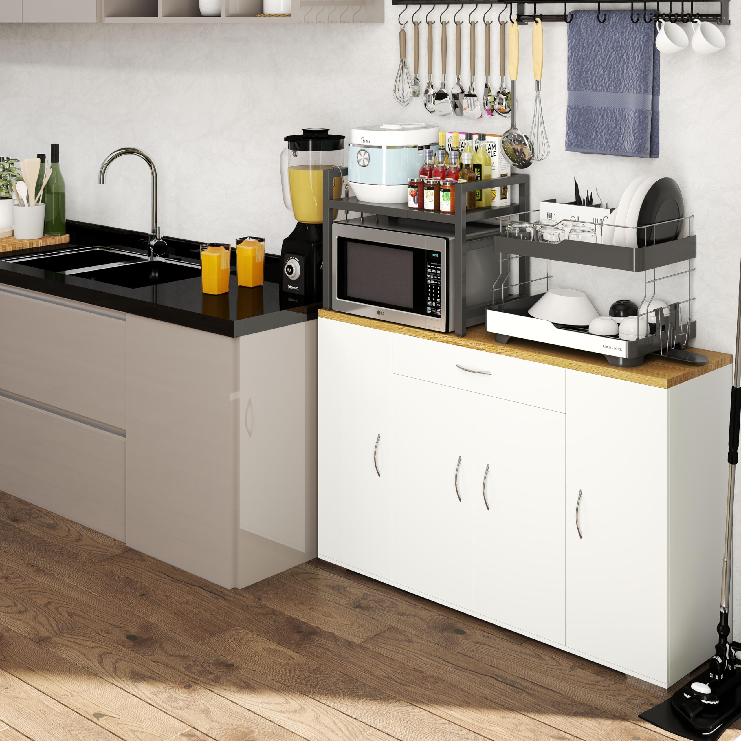 hitsuki Credenza Cucina Bianca 110 x 30 x 70 cm Mobiletto Cucina Salvaspazio Mobile Dispensa Cucina con 4 Ante e 1 Cassetto Madia Mobile da Cucina per Soggiorno Ingresso Corridoio