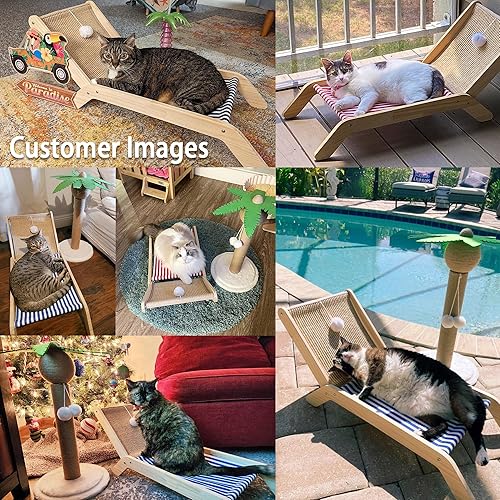 Miniatura 6 de Silla de playa para gatos, camas elevadas para gatos de interior, tumbona original acogedora para gatos con rascador de sisal y pelota de juguete