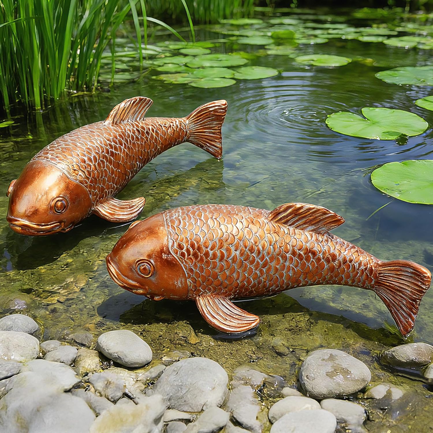Teaeeno Set of 2 Antique Koi Fish Statue, Outdoor Garden Sculpture for Patio, Backyard, Pond, and Home Decor (Red)