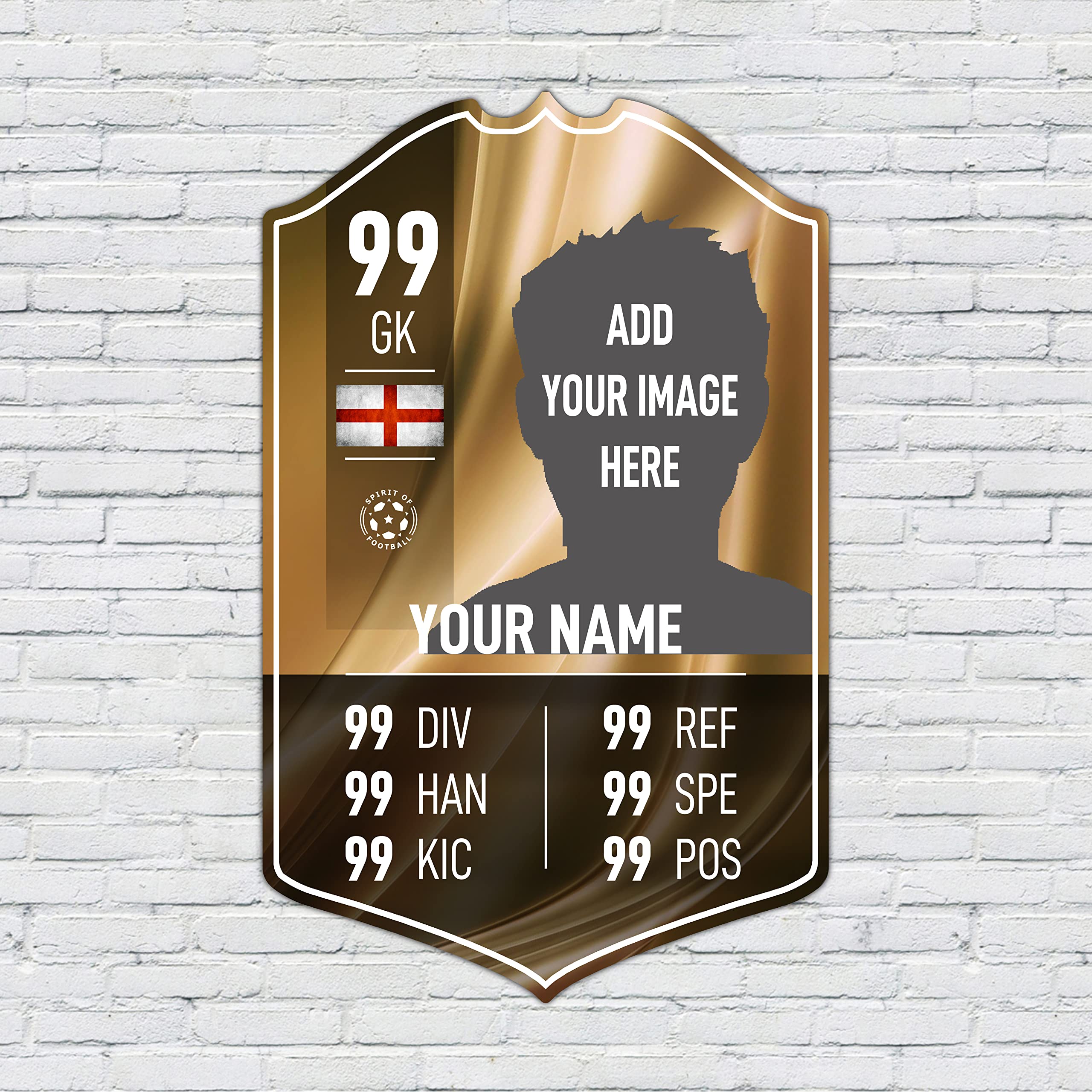 ShopQuality4U Personalised Football Cup Goalkeeper Stats Card Sign - Gold Background Printed Metal Shield Sign Wall Art A4 Goalkeeper Add Name (28x17cm)