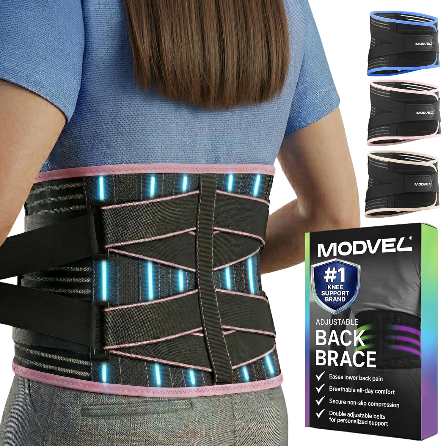 Modvel Back Brace for Lower Back Pain Women and Men – Lumbar Support Belt for Sciatica, Herniated Disc, Muscle Strain – Adjustable Breathable Work Brace with 6 Stays – Support for Posture – Size S