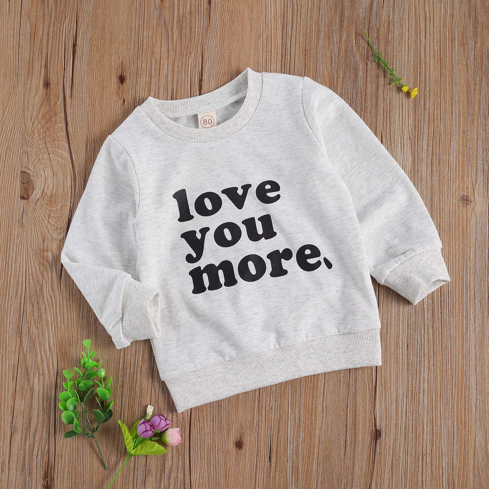 BeQeuewll Toddler Boy Girl Valentines Day Outfit Love You More Letter Crewneck Sweatshirt Little Kids Long Sleeve Sweater Tops (Grey, 18-24 Months)