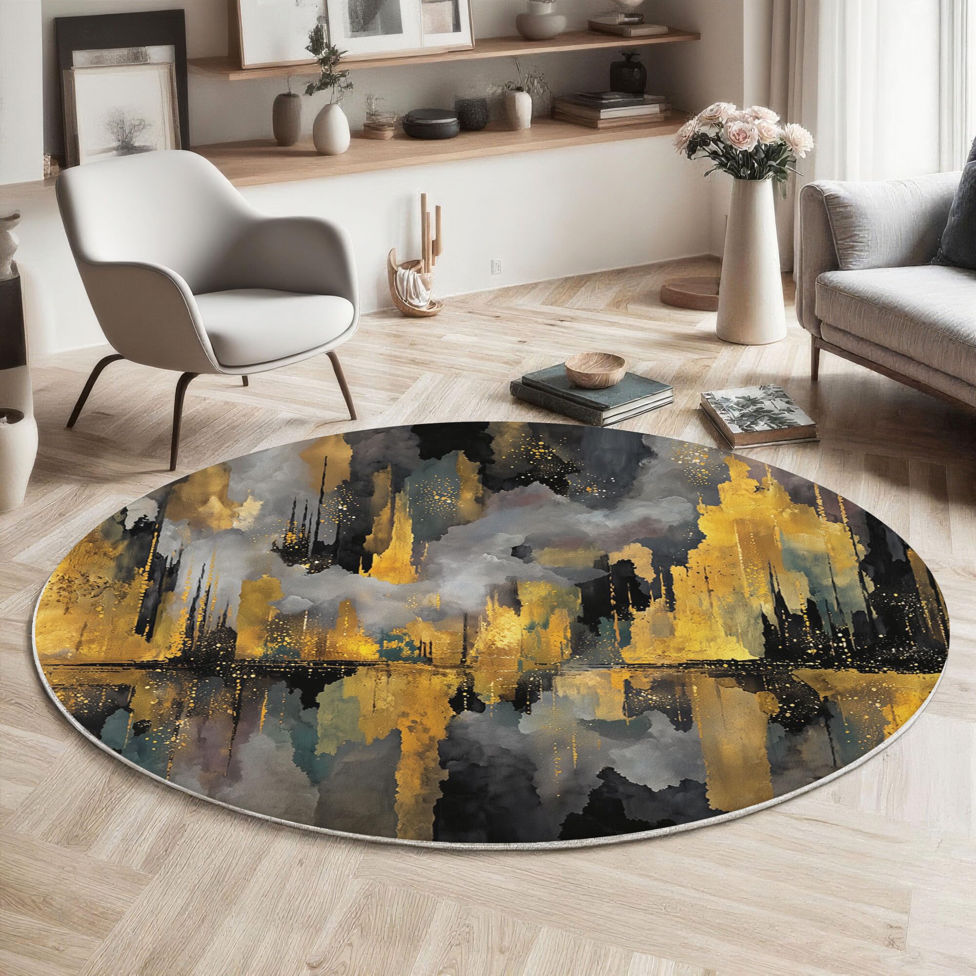Tapis Rond De Ville en Feuille d'or Tapis Peinture À l'huile Abstraite Fin, Moquette Or Noir Doux Antidérapant Lavable pour Chambre À Coucher Entrée Salle À Manger Dortoir Familial, 100 Cm