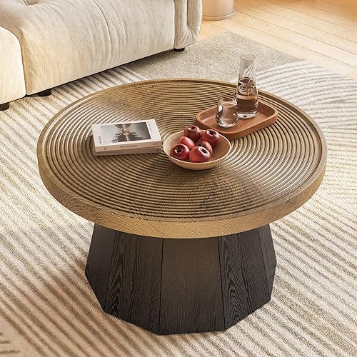 Miniatura 4 de LITTLE TREE Mesa auxiliar redonda para sala de estar, mesa central de granja de 31.5 pulgadas, mesas de té redondas modernas de madera para oficina,