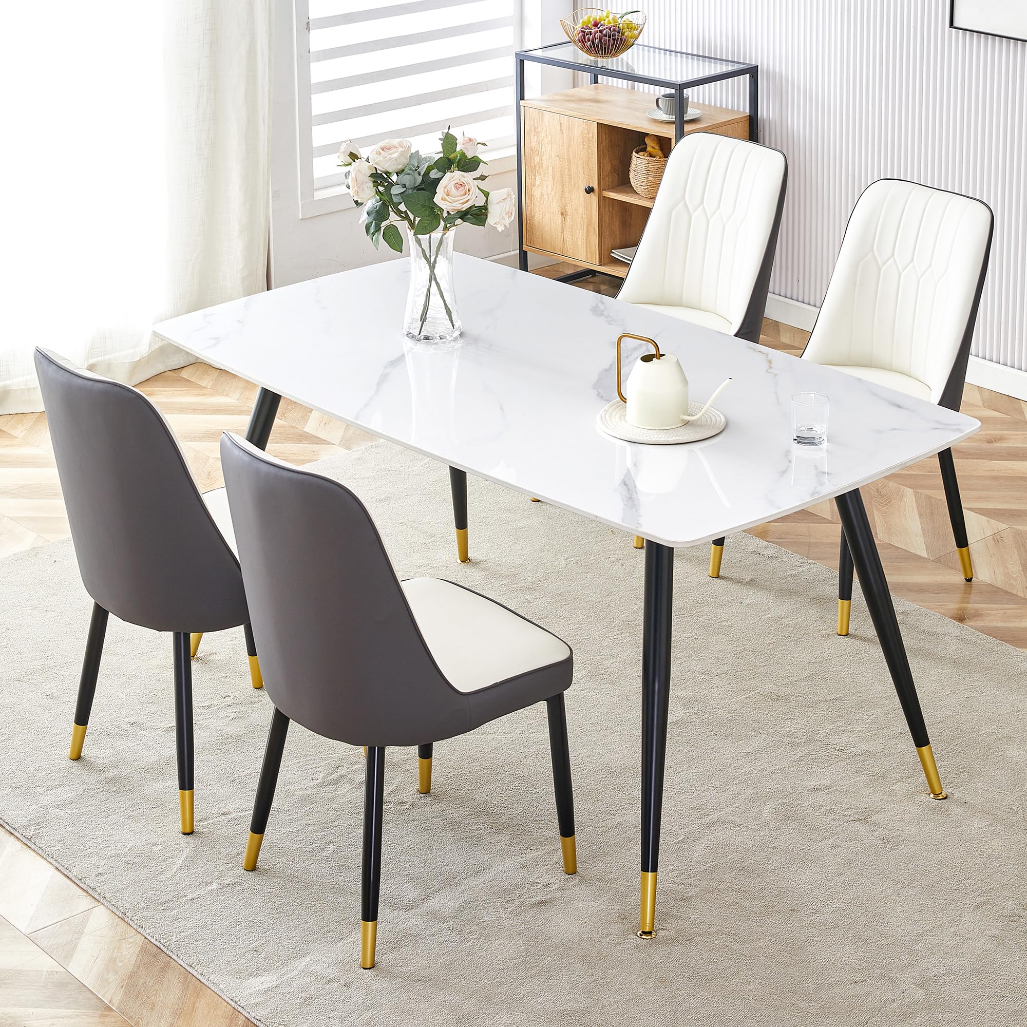 UELKS Dining Table Set for 4, Dining Room Table Set for 4, Sintered Stone Kitchen Table Top and Modern Chairs Set of 4 for Kitchen Dining Living Room
