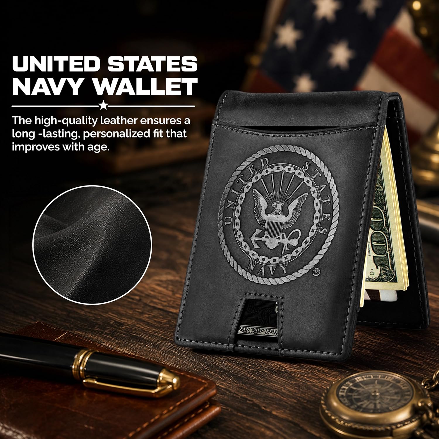 US Navy Black Crazy Horse Leather Bi-Fold Card Holder with Money Clip - Black Navy Wallet image 2
