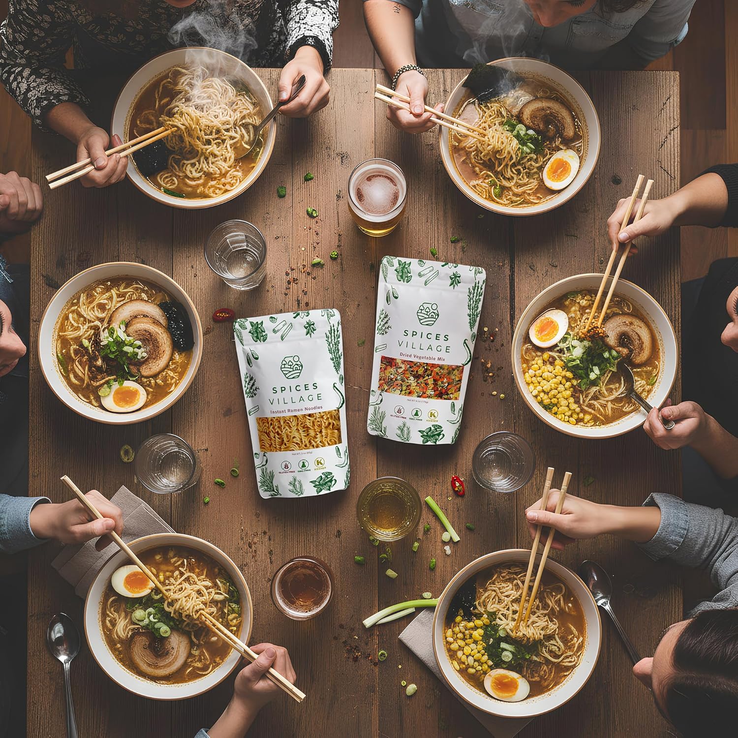 Spices Village Ramen Party Box – 3 Pack Noodles, 2 Pack Dried Vegetable Mixes & 3 Flavored Soup Bases – Chicken, Beef & Vegetable – Gourmet DIY Ramen Kit – Perfect for Gifts & Family Nights