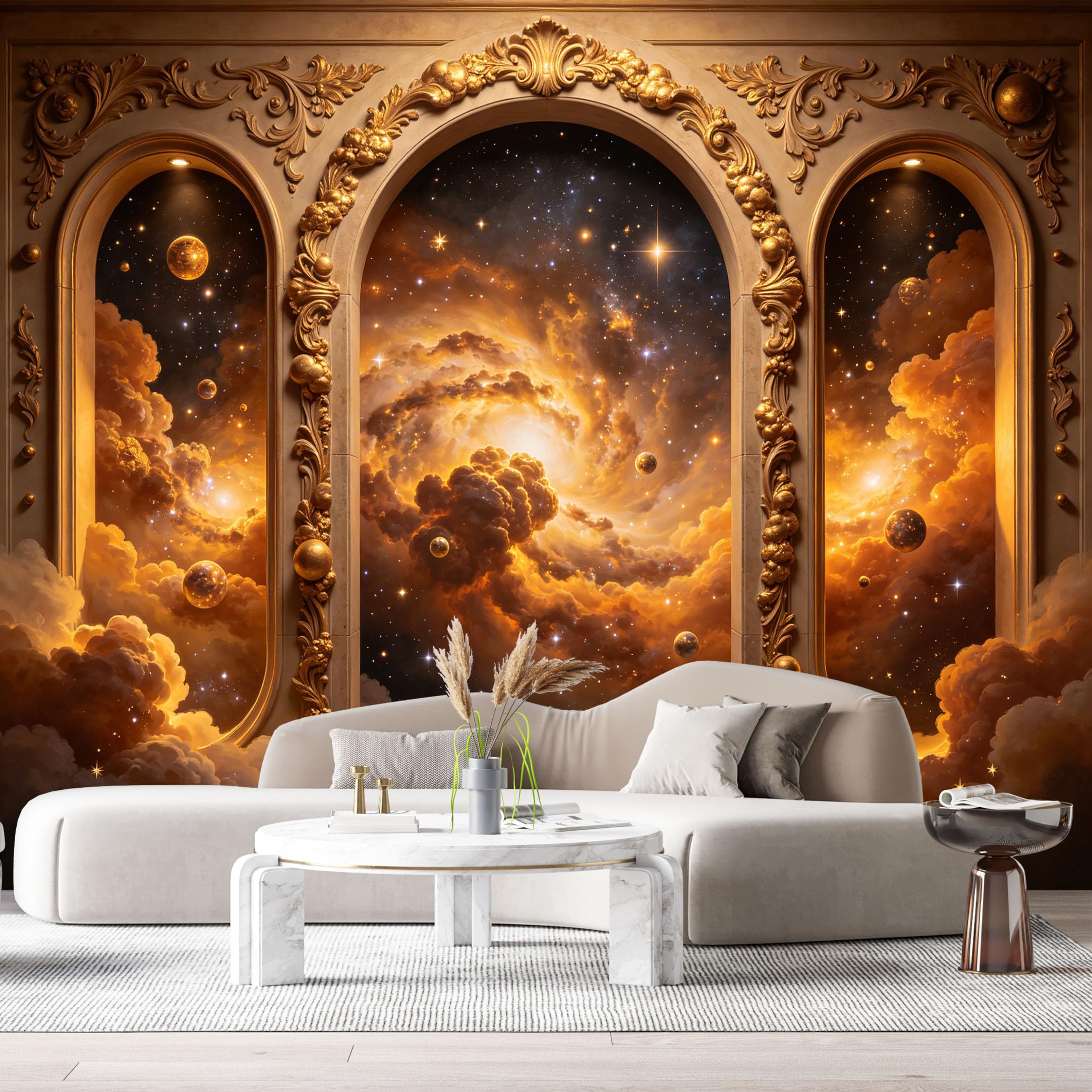 Custom Size Wall Murals Golden Galaxy Nebula Space Celestial 3D Trompe L'Oeil SelfAdhesiveWall Fabric Removable Wallpaper Wall Decor for Living Room Bedroom Bathroom
