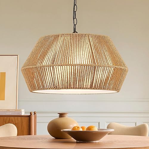 Miniatura 14 de ELYONA Luces colgantes tejidas, lámpara colgante de ratán rústico de 7 pulgadas, pantalla ajustable tejida a mano, lámparas colgantes bohemias para