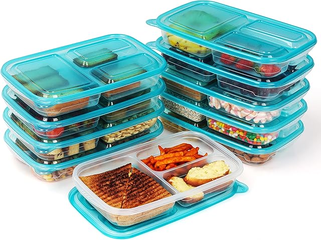 Freshly Contained 10 Pack x 3 Compartment Plastic Food Containers - 1070ml / 38oz BPA-Free Reusable Deep Storage Bento Lunch Boxes with Lids - Microwave/Freezer/Dishwasher Safe Stackable for Meal Prep