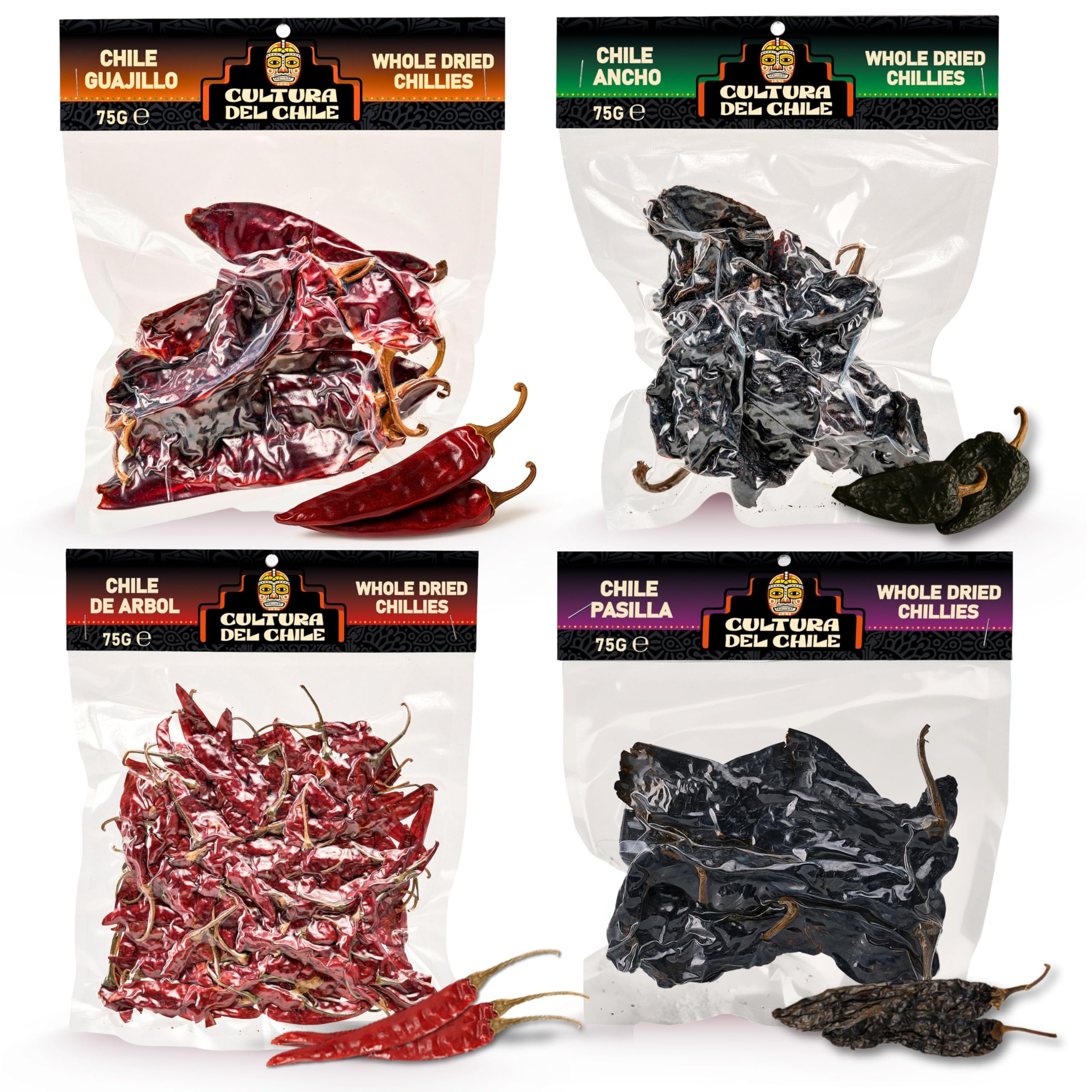 Piments secs entiers mexicains : ancho, guajillo, arbol et pasilla (300 g au total). Piments de base naturels pour un goût mexicain authentique. Idéal pour les tacos Birria, les taupes, les tamales et