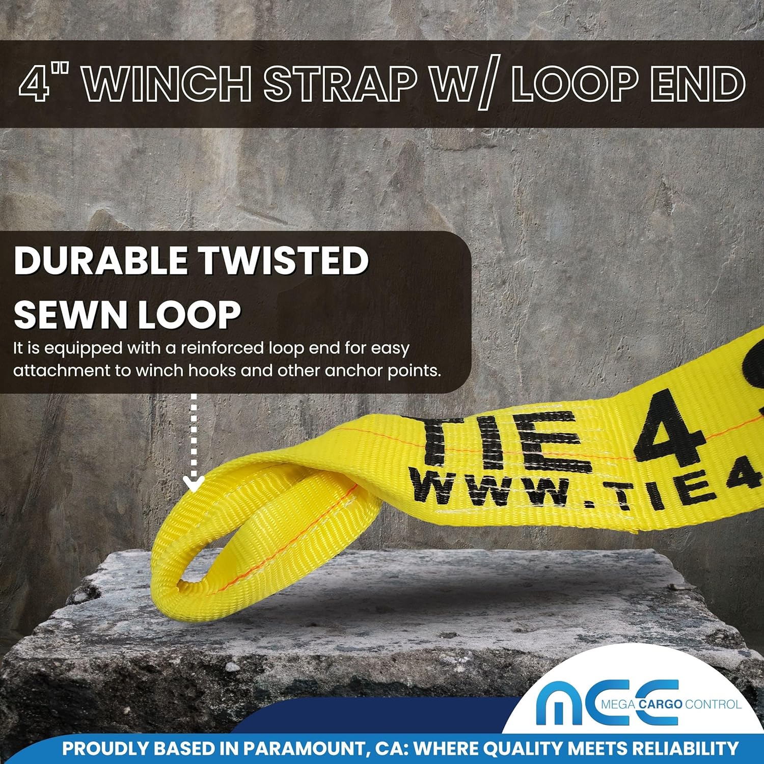 Mega Cargo Control Yellow Twisted Loop Trailer Winch Straps, 16,200 Lbs Breaking Strength - 4" x 60' Heavy Duty Tie Downs for Truck, Trailer, Hauling Cargo (1 Pack)