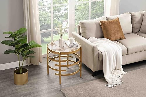 Miniatura 8 de Mesa auxiliar redonda de 20.7 pulgadas, mesa auxiliar redonda de piedra sinterizada, mesa auxiliar con marco de metal plateado, mesa decorativa