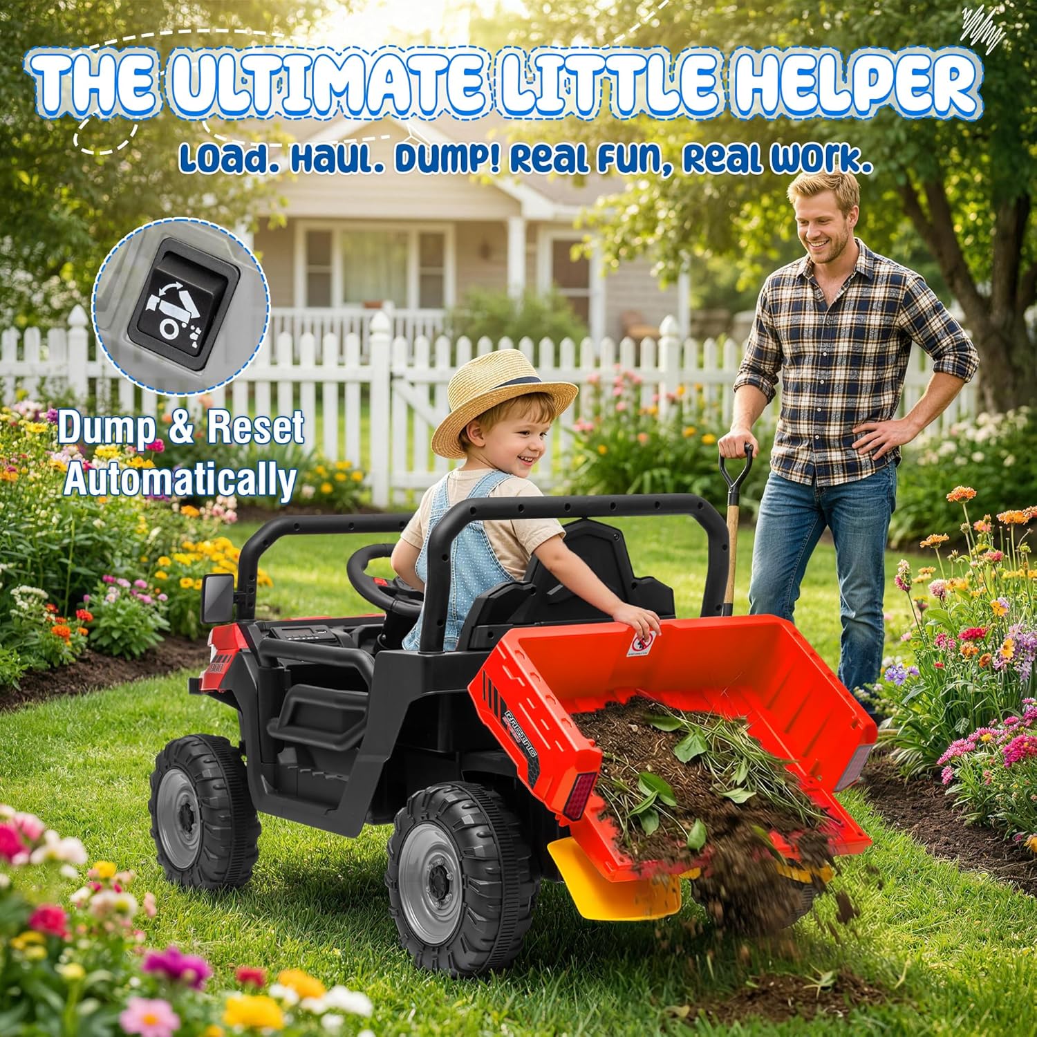 24V Ride On Dump Truck, 400W Power Ride On Toys w/Remote Control, 3 Speeds, Electric Dump Bed & Shovel, Shock Absorbers, Led Lights, Bluetooth & Gift Bow, Electric Car for Kids Toddlers, Red