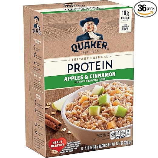 Quaker 10g Protein Instant Oatmeal, Apple Cinnamon, 2.11oz Packets (Pack of 36)
