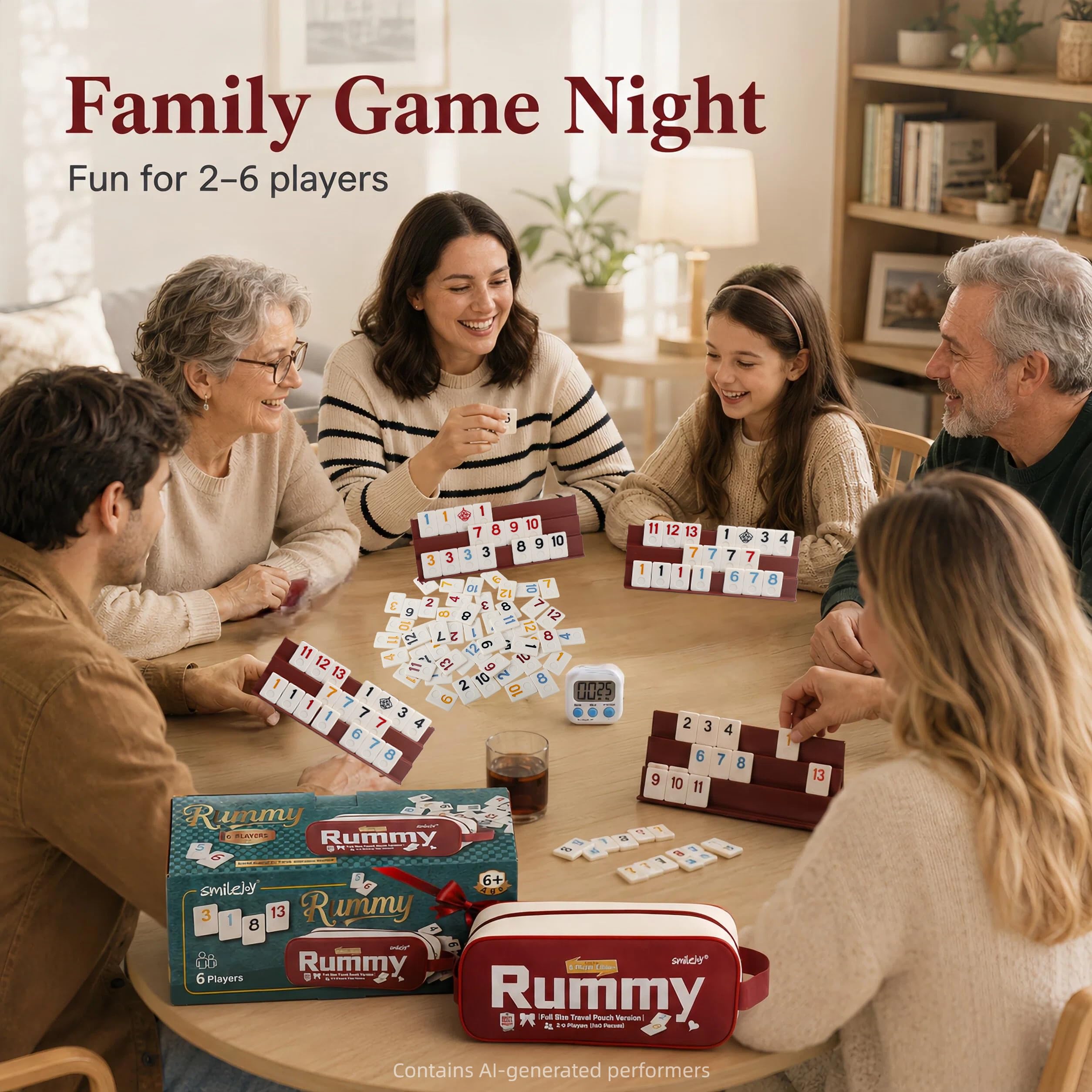 Smilejoy Rummy Cube Edizione per 6 giocatori, set da viaggio a grandezza naturale, con borsa da viaggio in tela portatile, classico gioco da tavolo per adulti e bambini, 160 piastrelle, 6 scaffali da