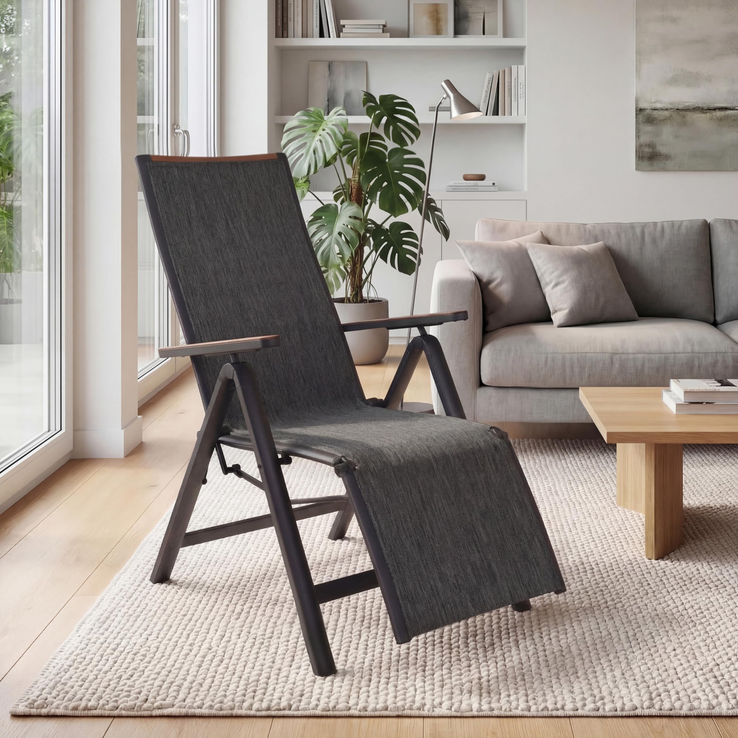 Grand patio Sedia reclinabile da giardino con poggiapiedi, sedia pieghevole in alluminio, leggera, portatile, regolabile in 6 posizioni, schienale alto, in tessuto, per esterni, colore: scuro