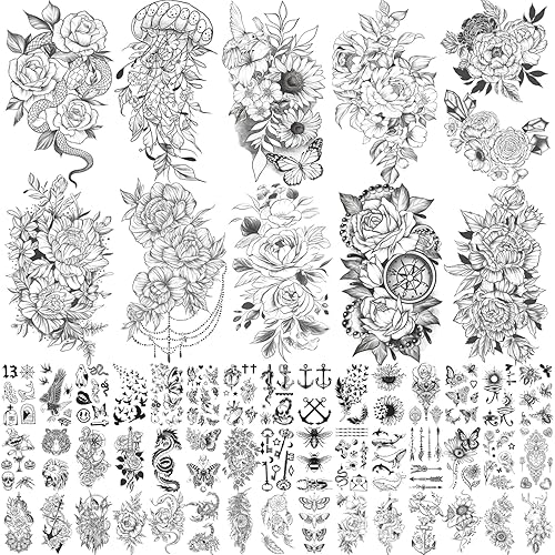 Yazhiji 70 hojas de tatuajes temporales impermeables para niñas o niños, 10 hojas más grandes, mitad brazo, serpiente, girasol, peonía, tatuajes