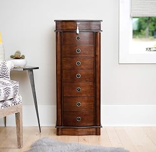 Hives & Honey Noelle Standing Jewelry Armoire with Mirror, 7 Drawers, Locking Organizer, Necklace Hooks & Ring Rolls