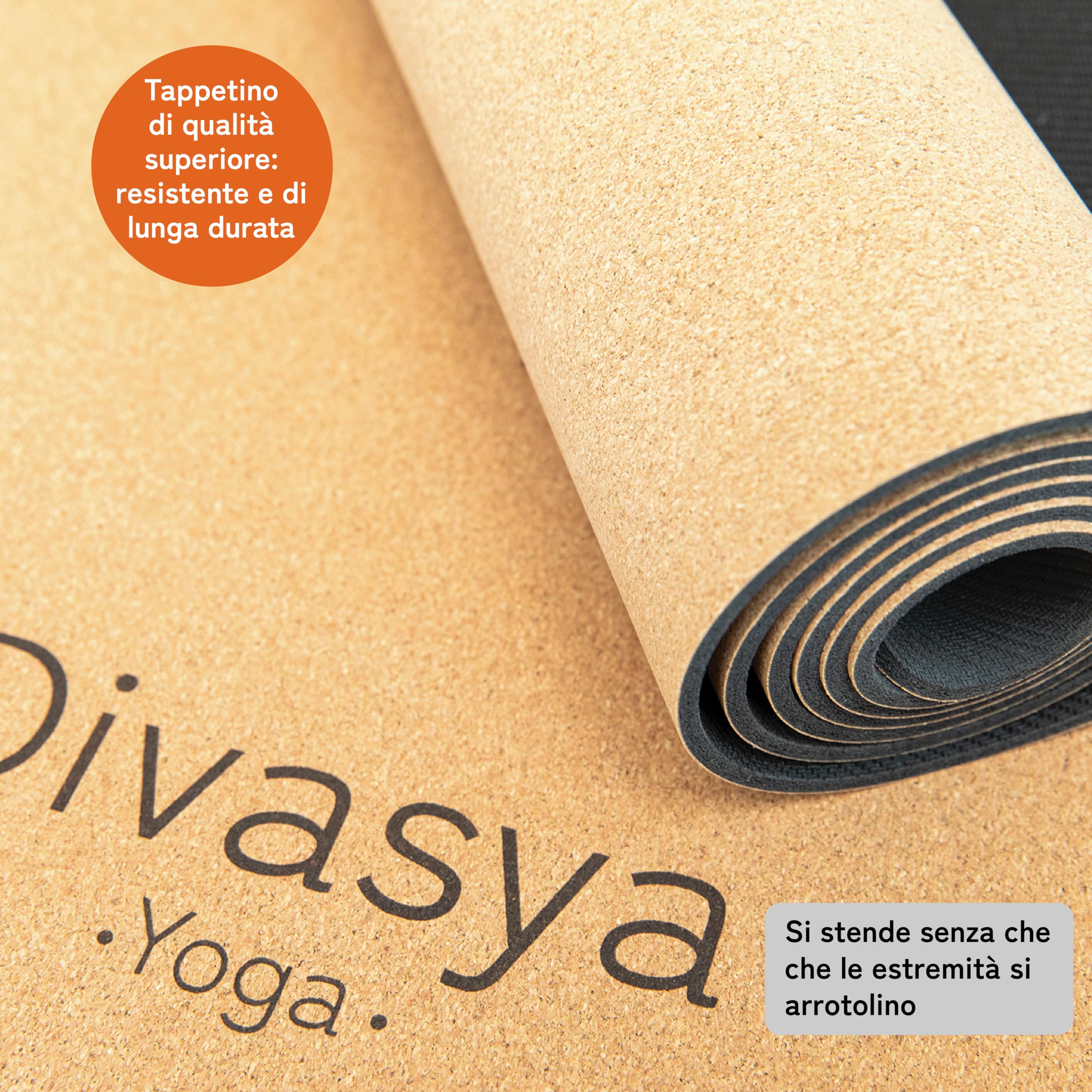 Tappetino yoga sughero premium, 100% naturale: in gomma naturale antiscivolo e sughero, Tappeto yoga extra-largo e spesso (183x66x0,4cm), sostenibile e senza sostanze