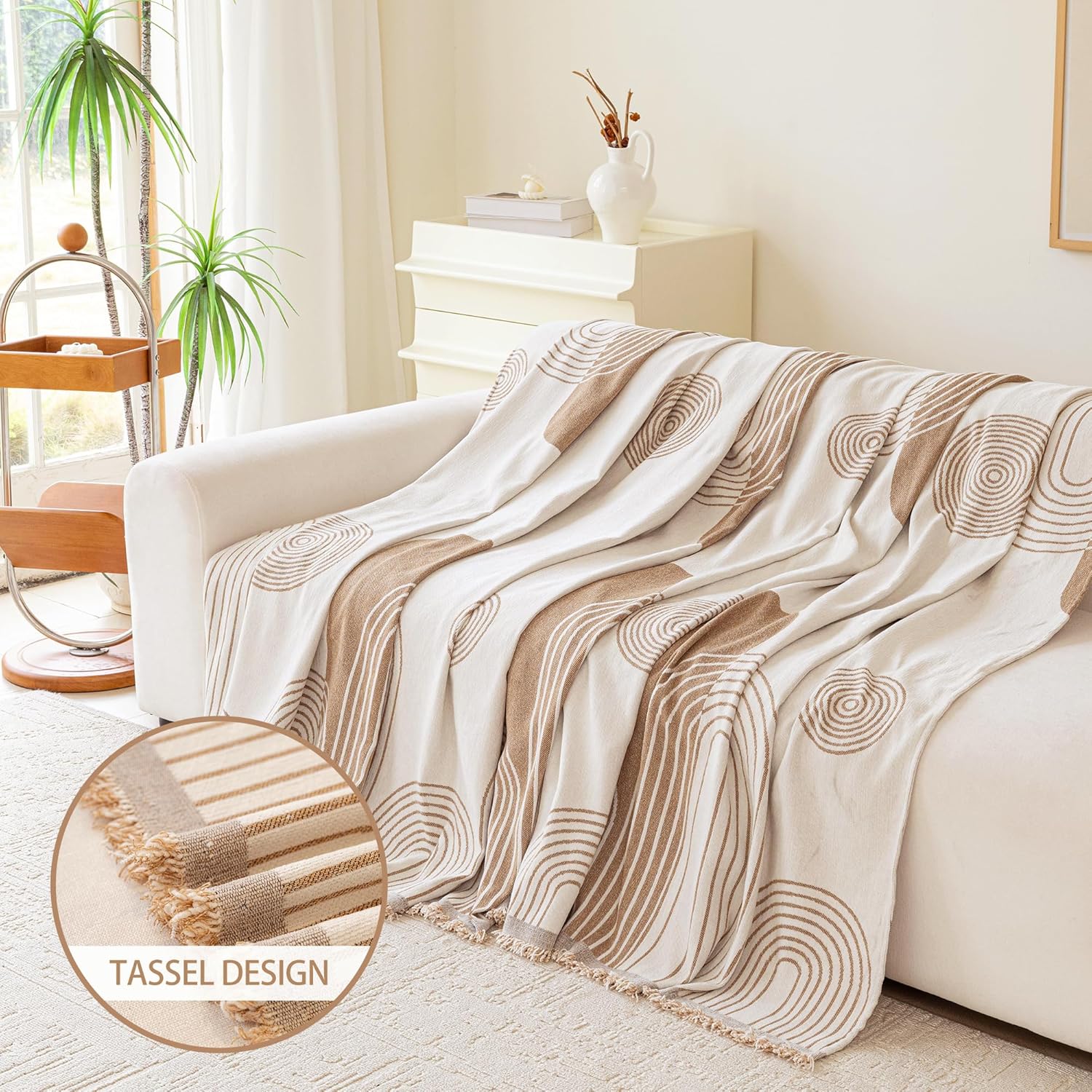 VANJOROY Boho Couch Cover for 2 3 Cushion, Sofa Slipcovers Sectional Sofa L-Shape Washable 100% Organic Chenille Couch Cover for Dogs Pets, Sofa Cover Protector Soft with Tassel,71"x 118" Khaki