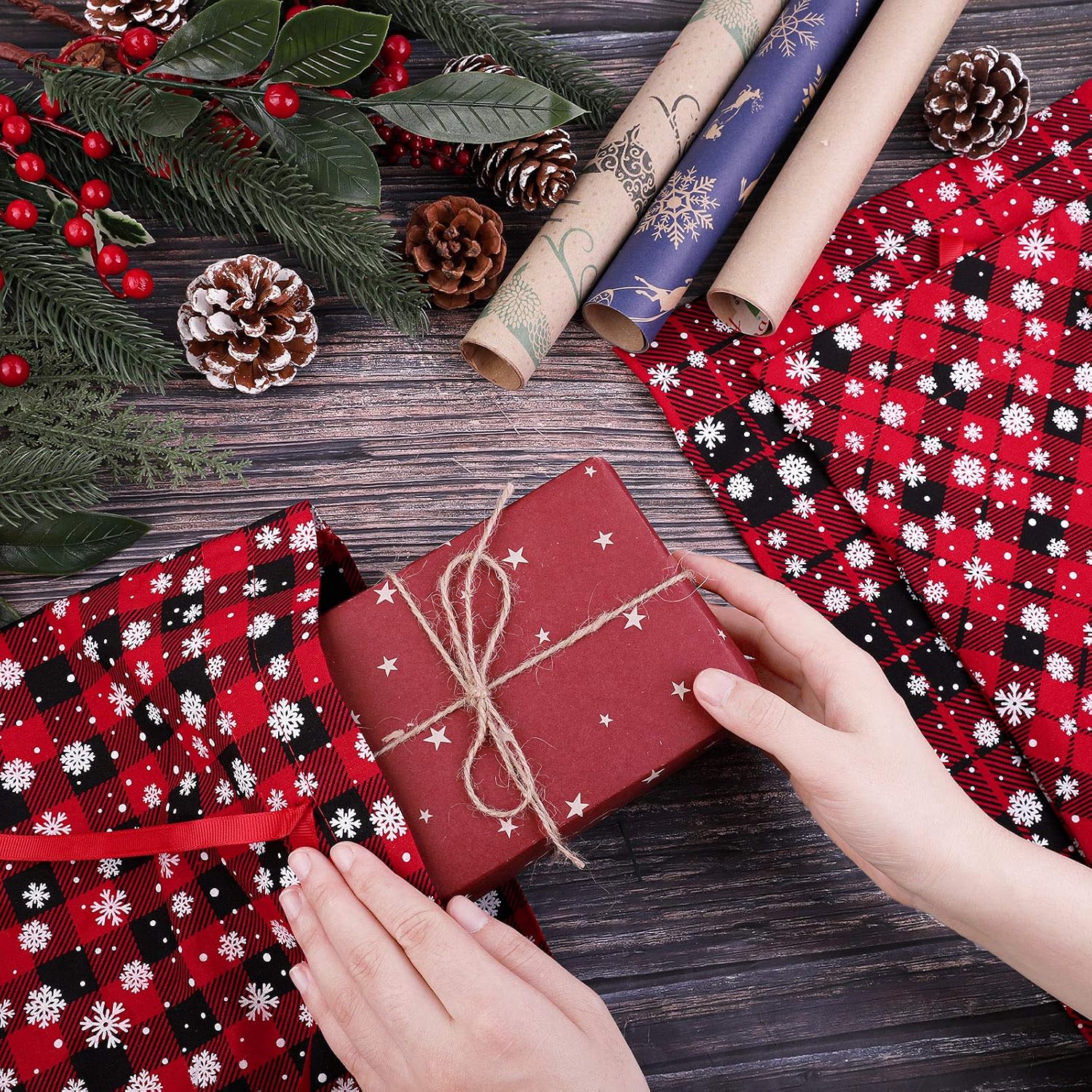 Aneco 6 Pack Christmas Buffalo Plaid Bags with Snowflake Pattern Holiday Cotton Present Bags Gift Wrapping Drawstring Bag Treat Bag for Christmas Party Favor Supplies