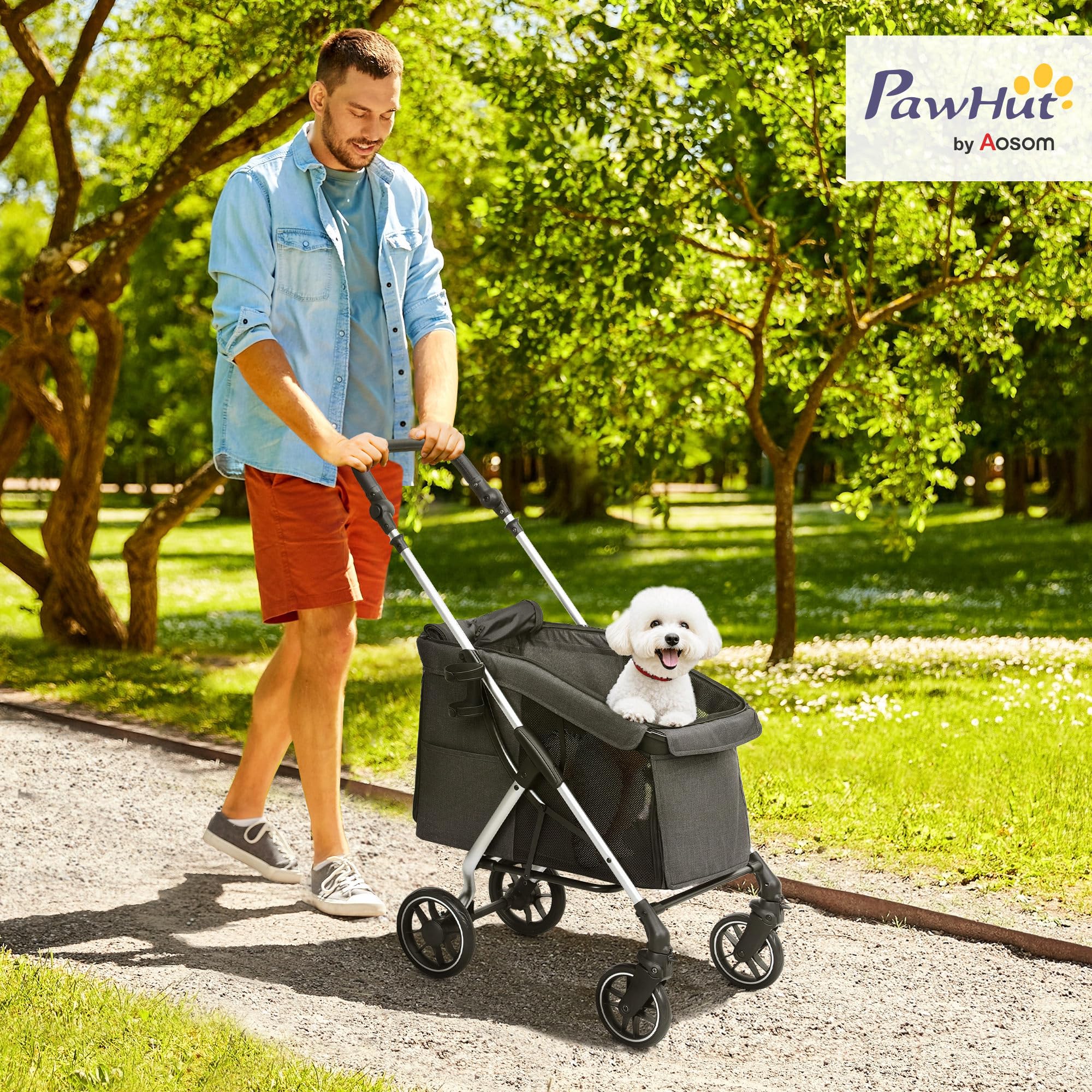 PawHut Poussette buggy pliable pour chien, porte-gobelets, laisse de sécurité, roues avec frein à 360°, fenêtre à mailles, alliage d'aluminium, chariot pour chien chat petit et miniature, gris